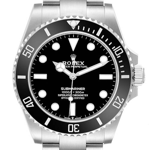 The Rolex Submariner M124060-0001 Mens Stainless Steel Black Dial watch is shown from a front angle, displaying the dial, bezel, hands, and part of the bracelet.