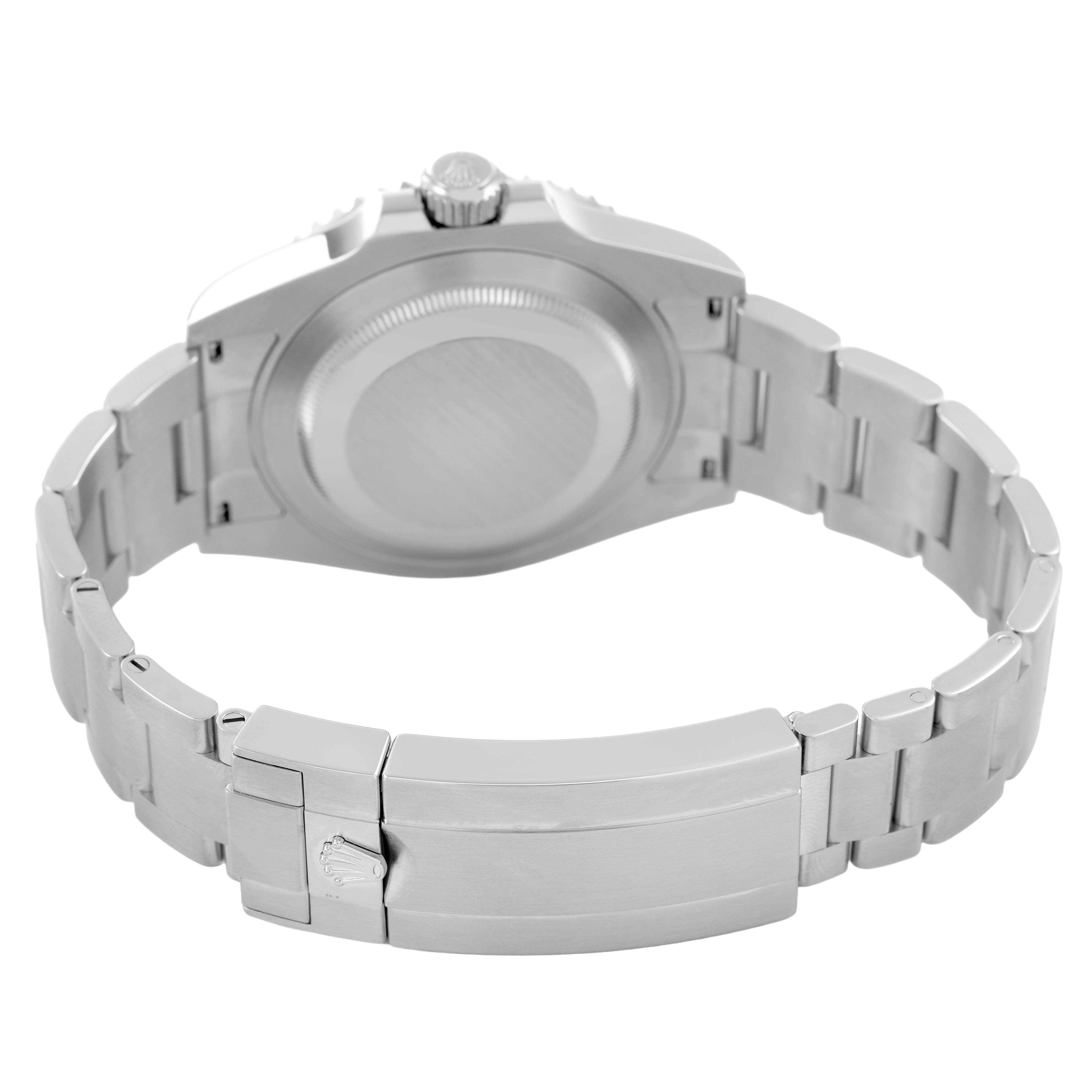 The image shows the Rolex Submariner M124060-0001 Men's Stainless Steel Black Dial watch from the back, highlighting its case back, bracelet, and clasp.