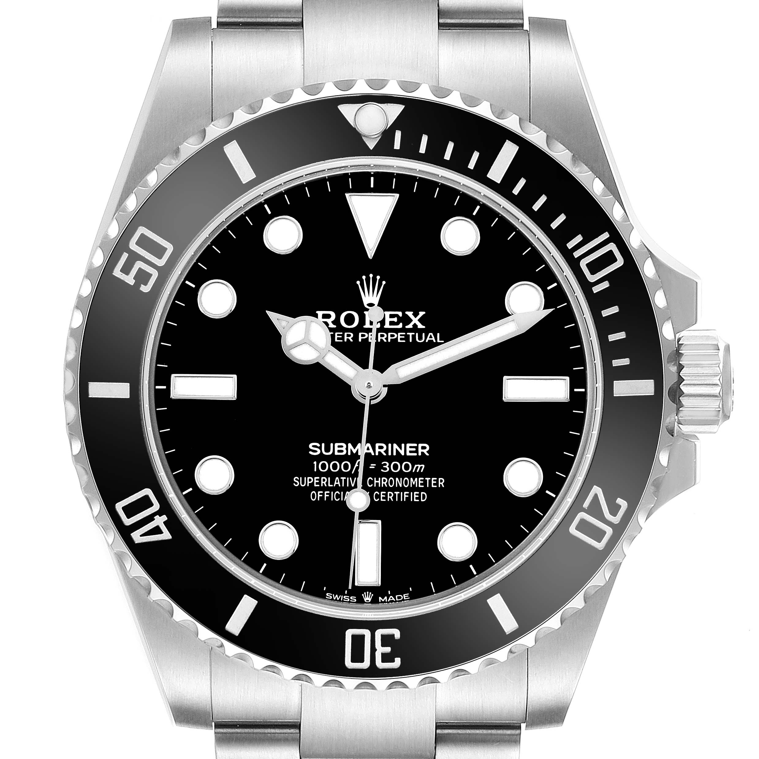 The Rolex Submariner M124060-0001 Men's Stainless Steel Black Dial watch is shown from a straight-on angle, highlighting the dial, bezel, and part of the bracelet.
