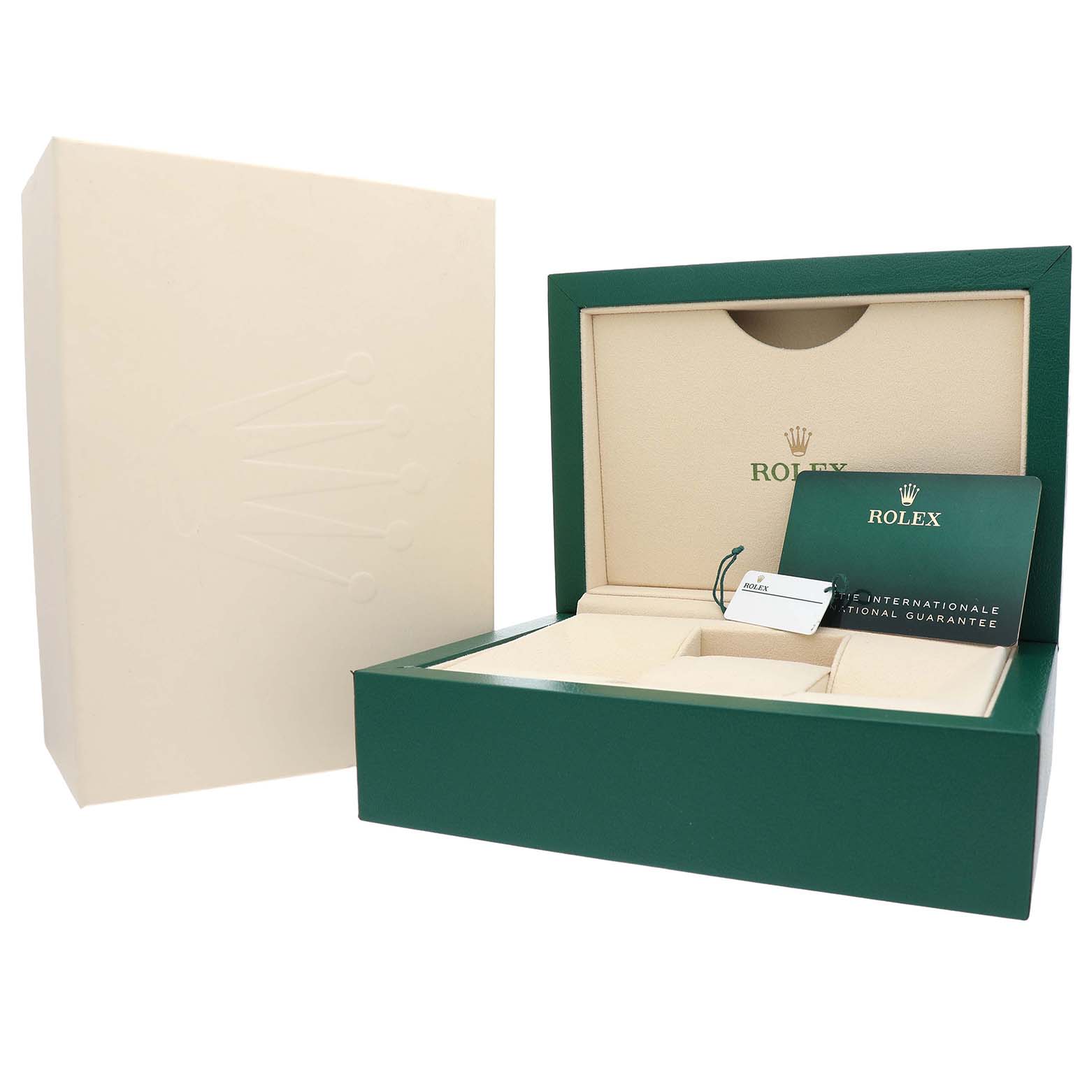 The image shows a Rolex Submariner M124060-0001 Men's Stainless Steel Black Dial's green watch box at an angled view, open with a warranty card and tag inside.