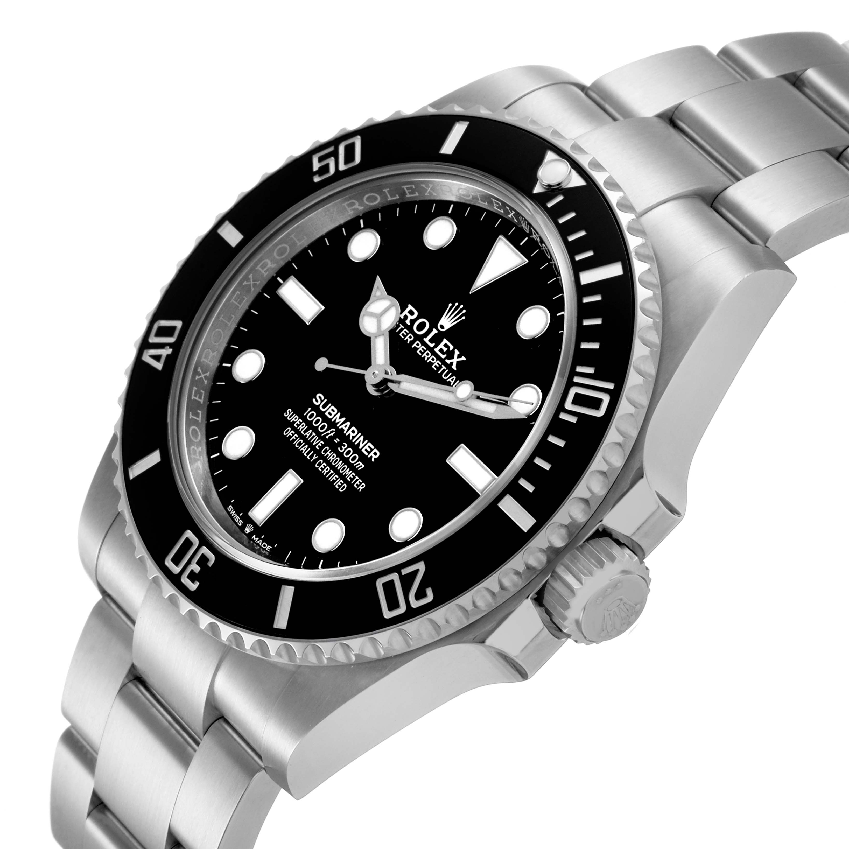 The image shows a Rolex Submariner M124060-0001 Men's Stainless Steel Black Dial watch at an angled view highlighting the dial, bezel, bracelet, and crown.