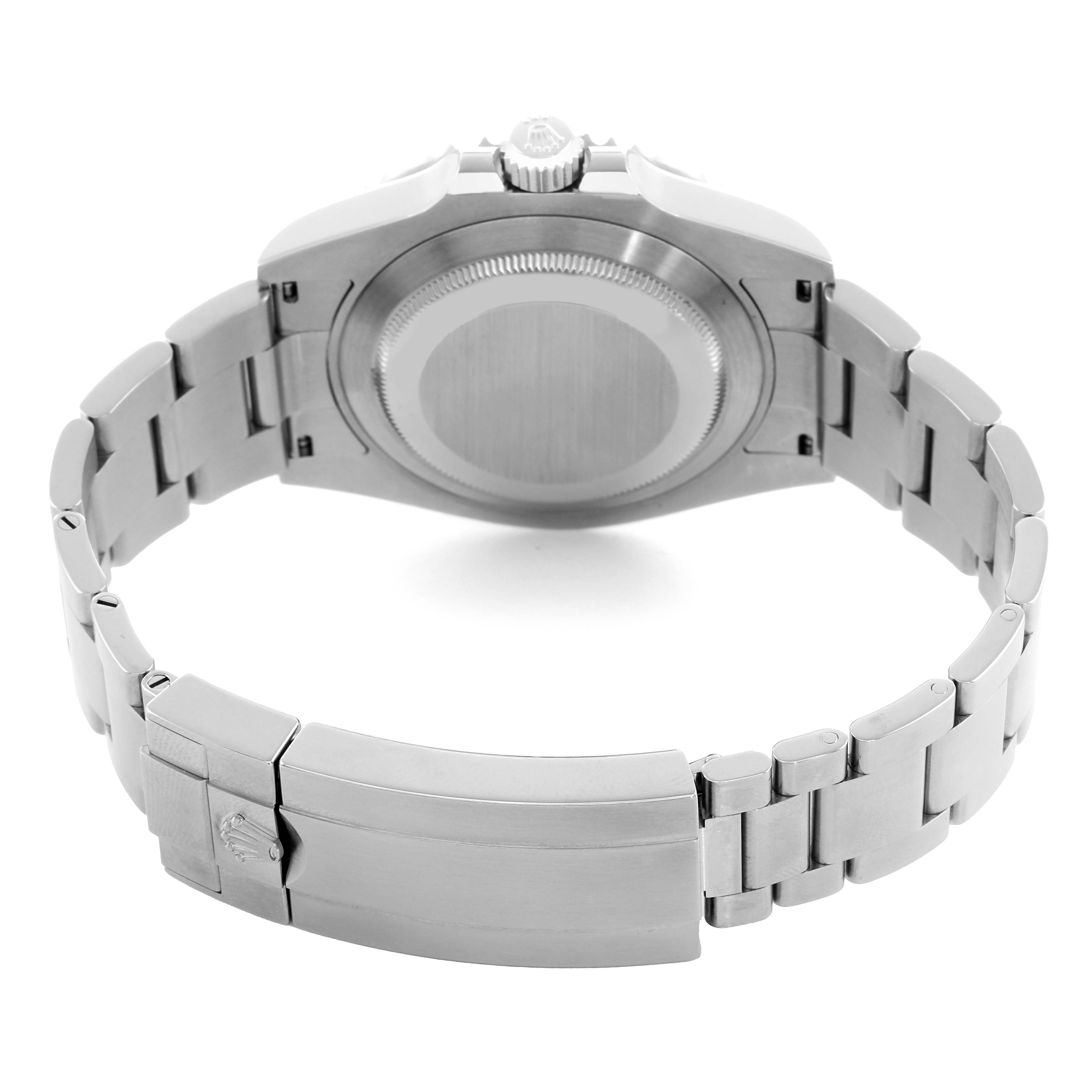 The image shows the back and clasp of a Rolex Submariner 124060 Men's Stainless Steel Black Dial, highlighting the bracelet and case back.