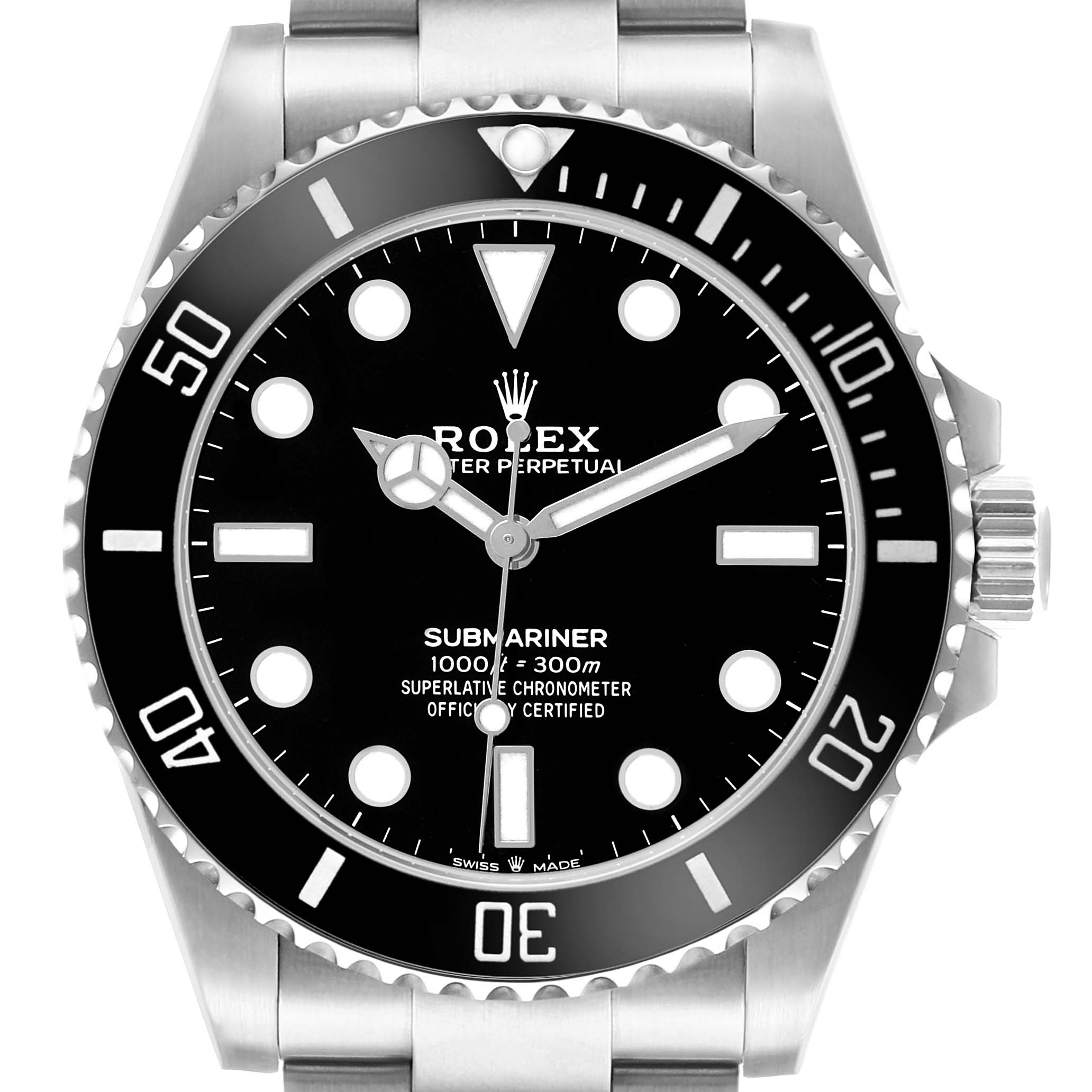 The image shows a front view of the Rolex Submariner 124060 Men's Stainless Steel Black Dial watch face, bezel, and part of the stainless steel bracelet.