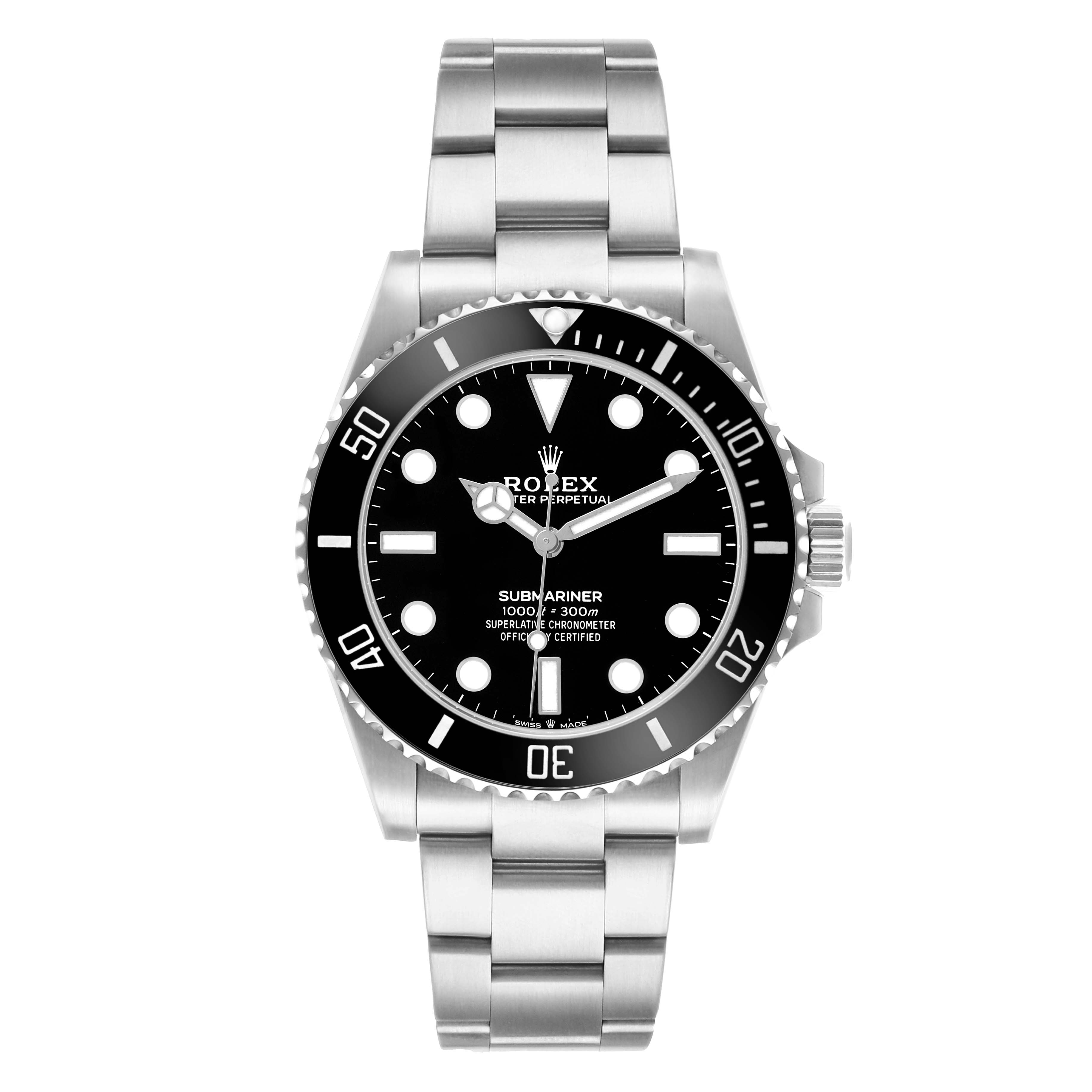 The image shows a frontal view of a Rolex Submariner 124060 Men's Stainless Steel Black Dial, displaying the watch face, bezel, and stainless steel bracelet.