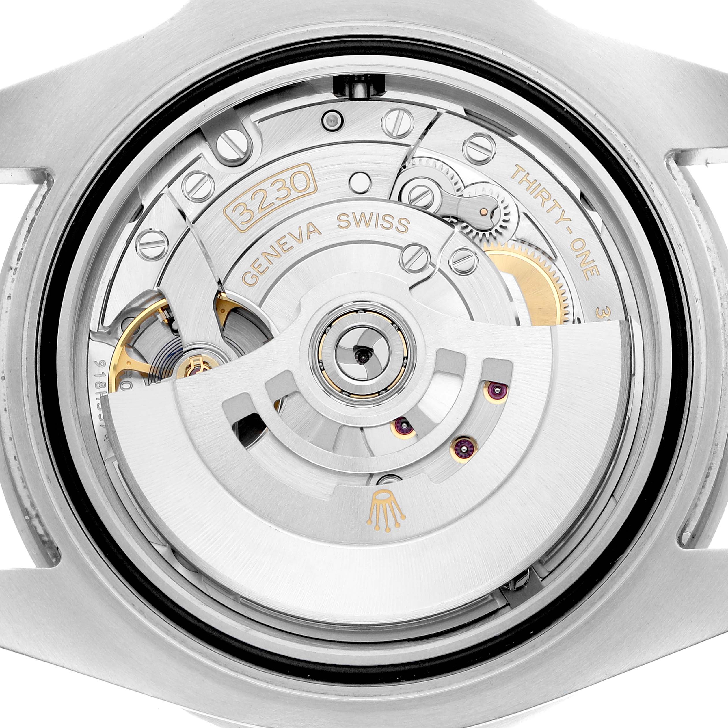 The image shows the movement of a Rolex Submariner 124060 Men's Stainless Steel Black Dial from a back angle, highlighting the rotor, gears, and inscriptions.