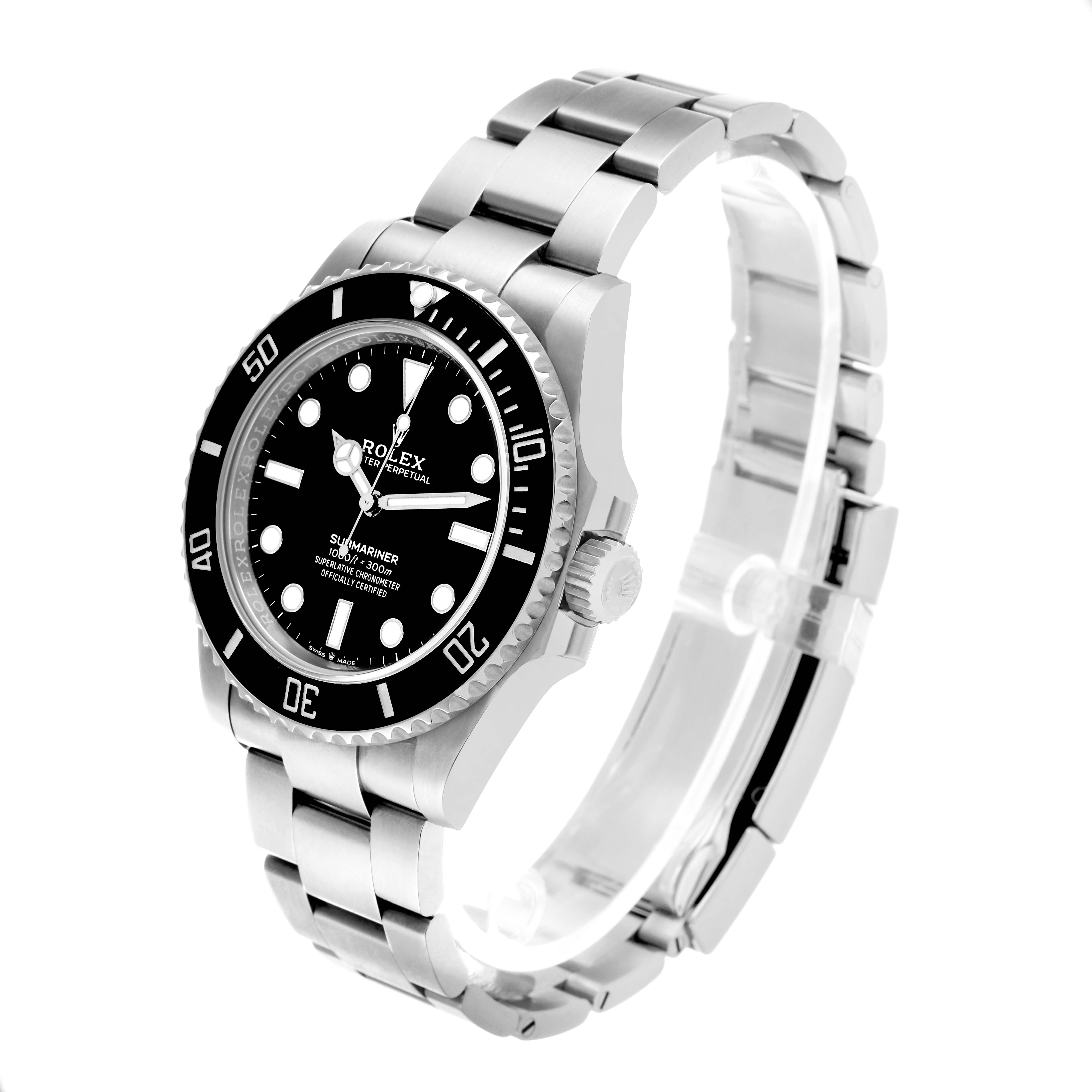 The Rolex Submariner 124060 Men's Stainless Steel Black Dial watch is shown at a three-quarter angle, highlighting the dial, bezel, crown, and bracelet.