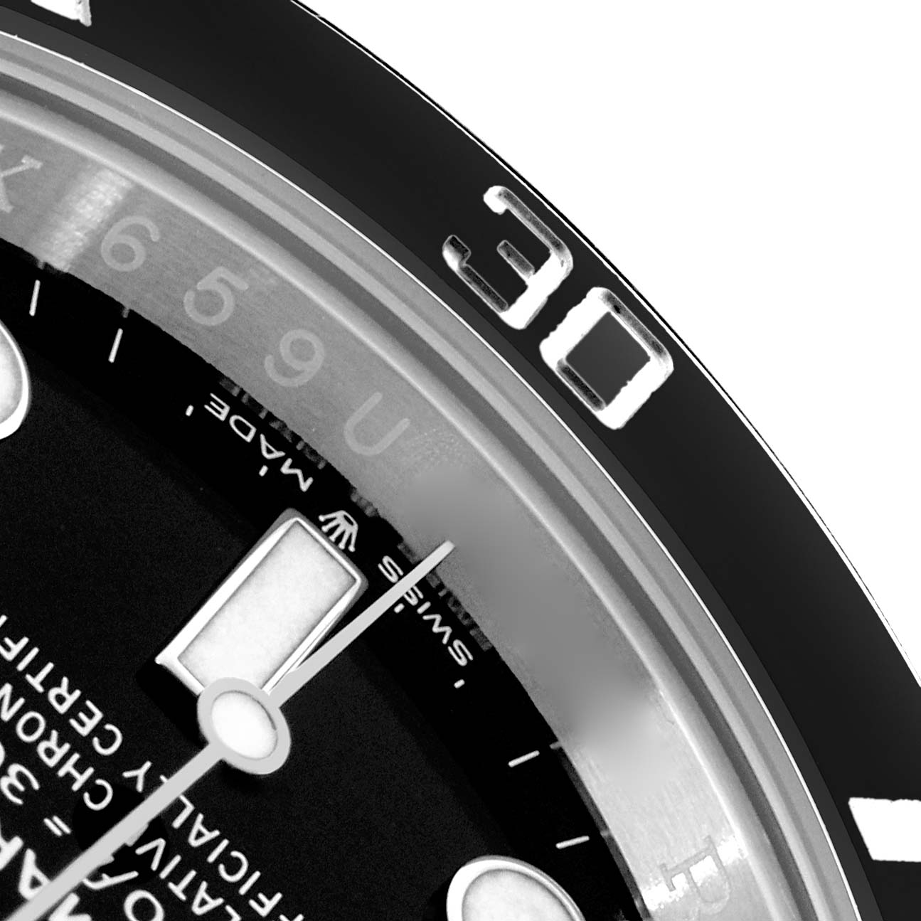 The image shows a close-up of the Rolex Submariner 124060 Men's Stainless Steel Black Dial's dial and bezel, focusing on the 30-minute marker and part of the watch hands.