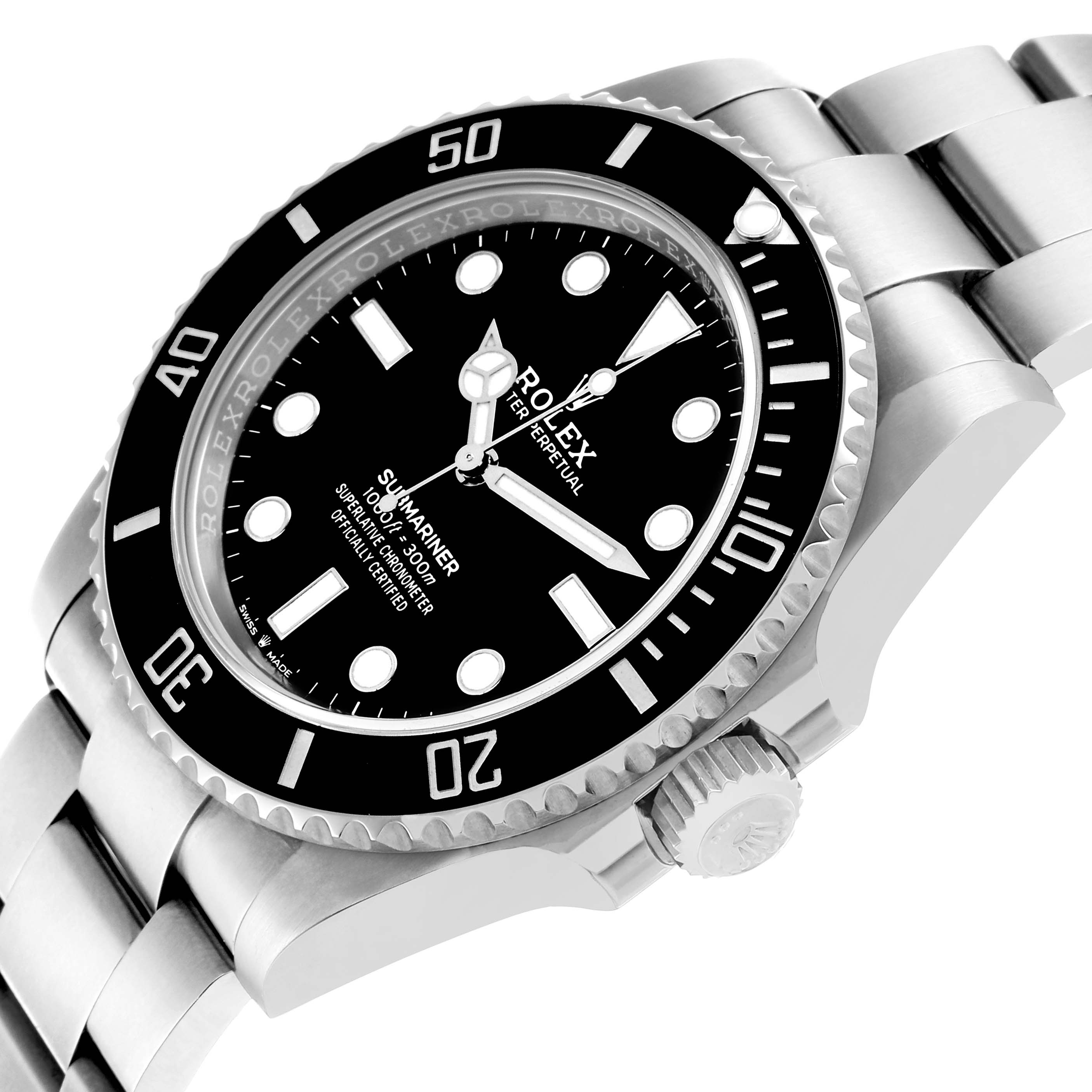 The image shows a Rolex Submariner 124060 Men's Stainless Steel Black Dial watch at a slightly angled side view, highlighting the dial, bezel, crown, and part of the bracelet.