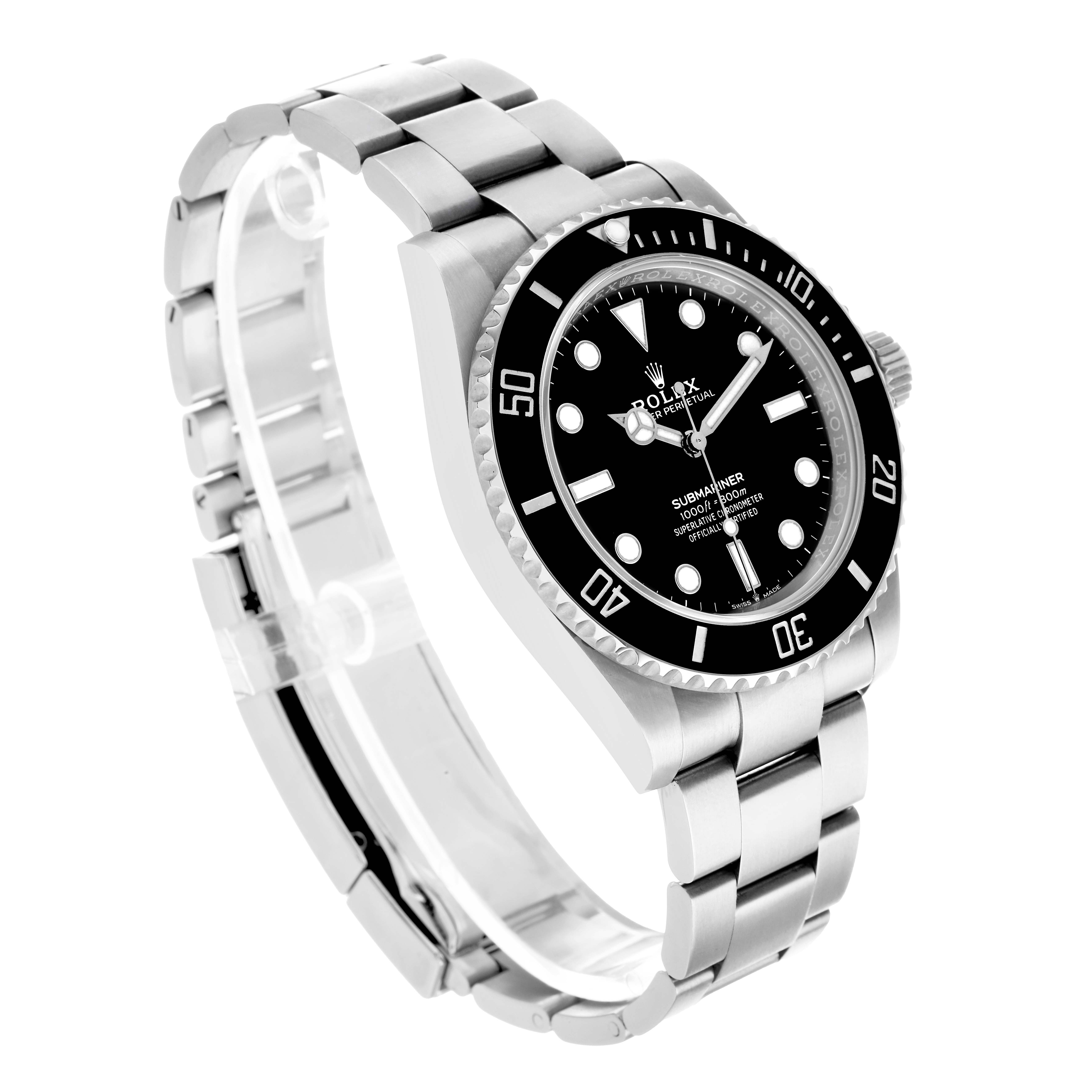 The Rolex Submariner 124060 Men's Stainless Steel Black Dial watch is shown at a three-quarter angle, highlighting the bezel, dial, and bracelet.