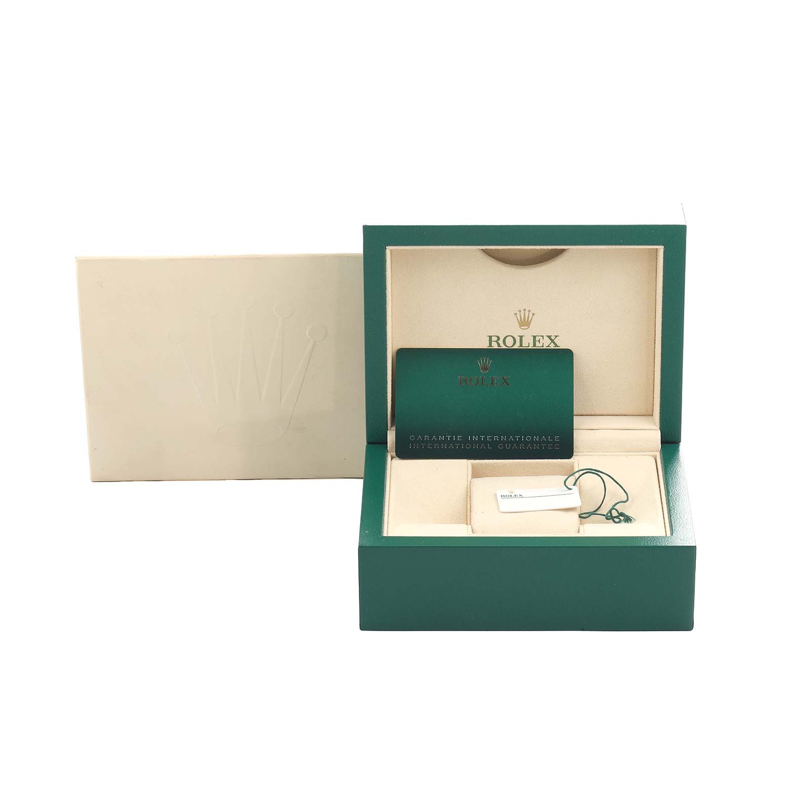 The image shows a Rolex Submariner 124060 Men's Stainless Steel Black Dial watch box with a certificate and tag, viewed from the front.