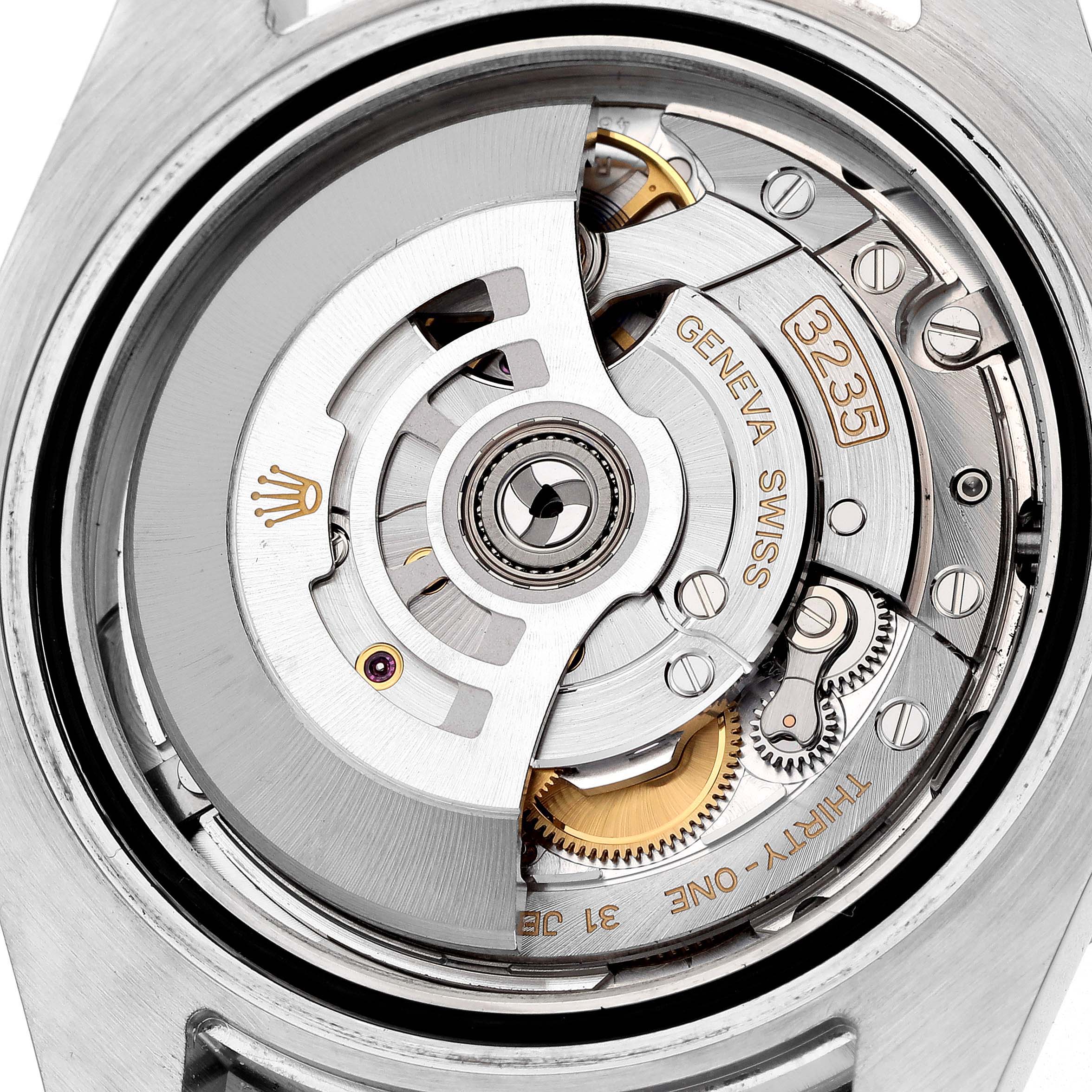 The image shows the back view of the Rolex Submariner 126610 Men's Stainless Steel Black Dial, highlighting its intricate movement mechanism.