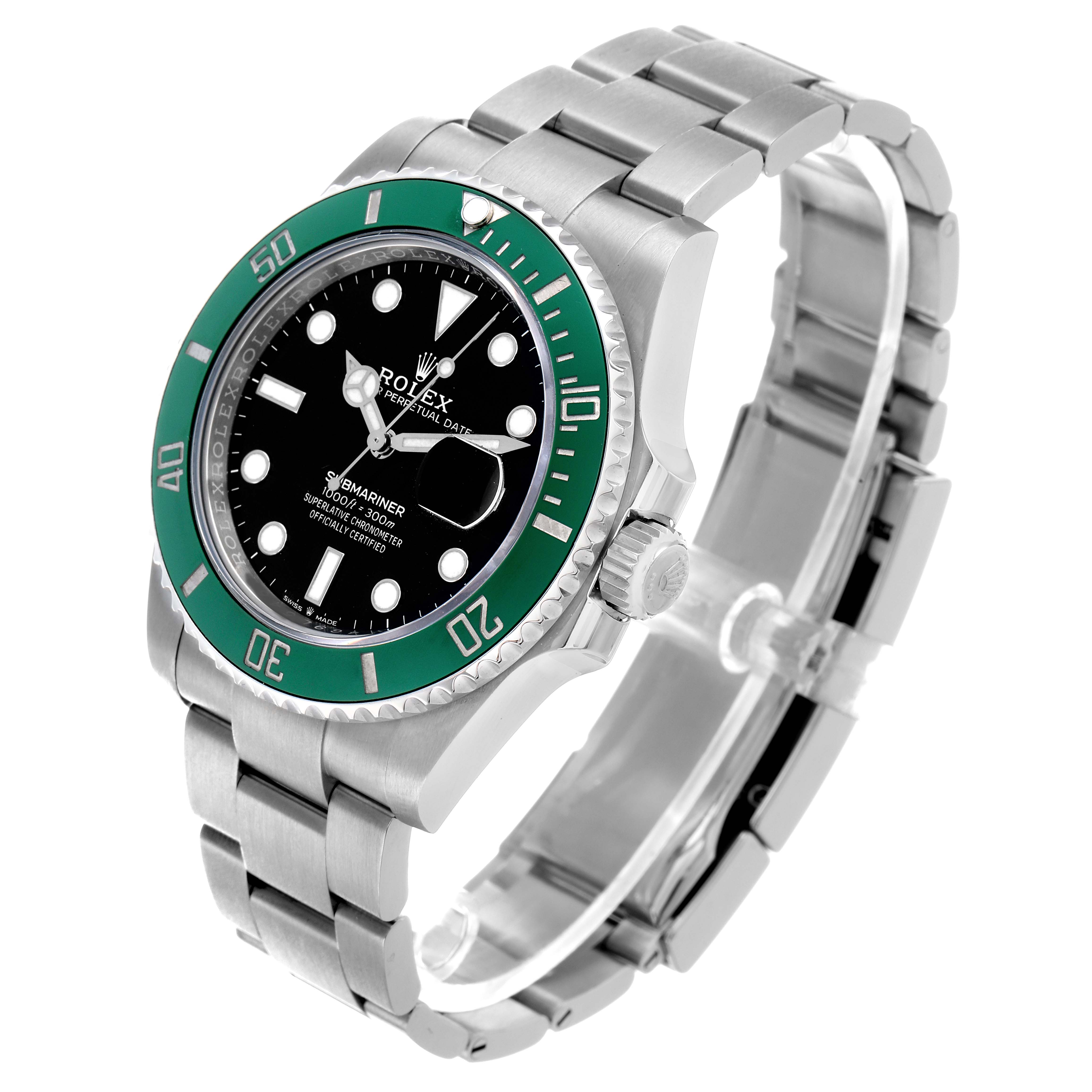 The Rolex Submariner 126610 Men's Stainless Steel Black Dial watch is shown at a three-quarter angle, highlighting the face, bezel, crown, and bracelet.