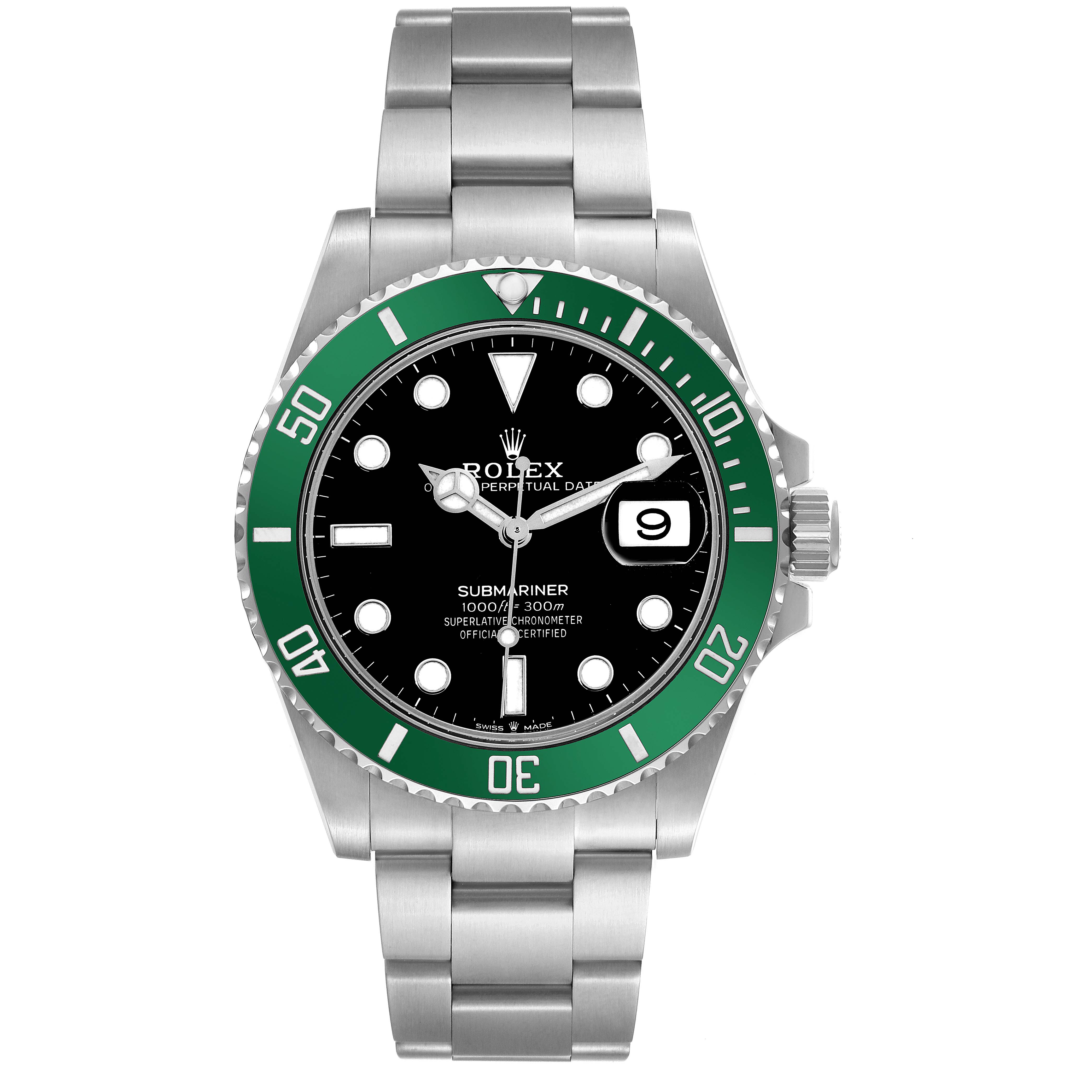 The Rolex Submariner 126610 Men's Stainless Steel Black Dial watch is shown from the front, highlighting the green bezel, dial, bracelet, and date feature.