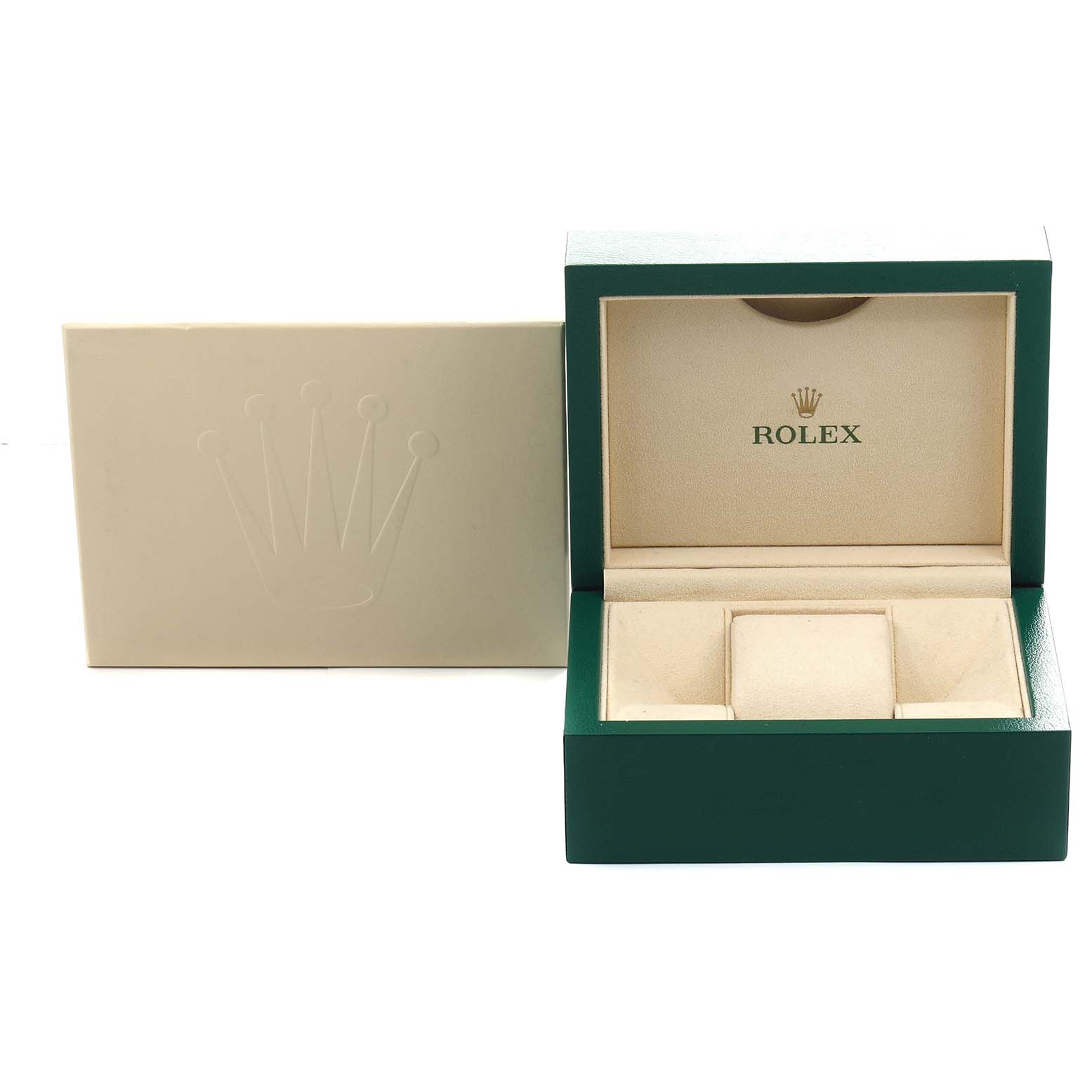 The image shows an open green Rolex box and an outer box, likely for a Submariner model watch.