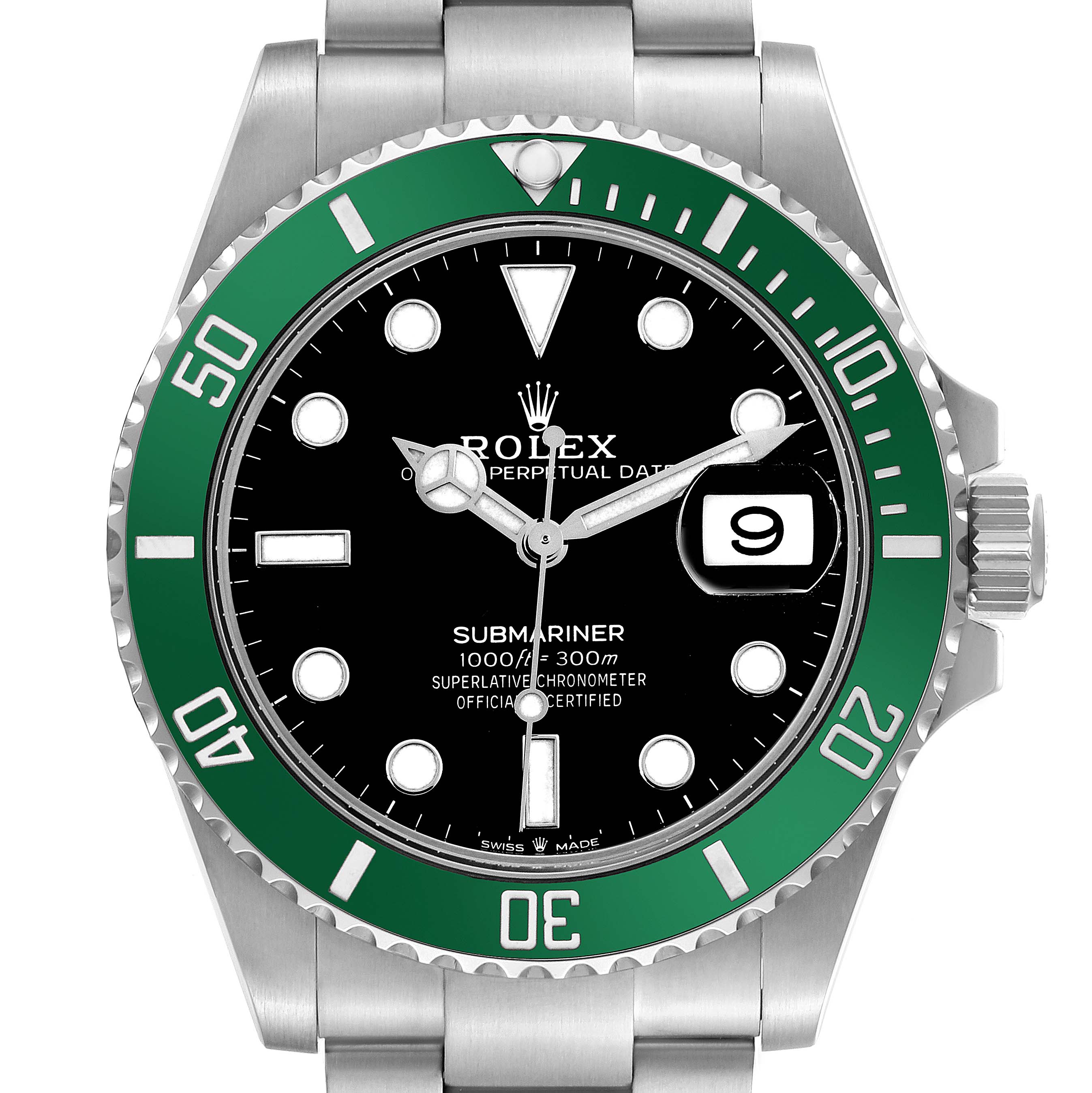 The Rolex Submariner 126610 Men's Stainless Steel Black Dial watch is shown from the front, displaying its green bezel, black dial, and Oyster bracelet.