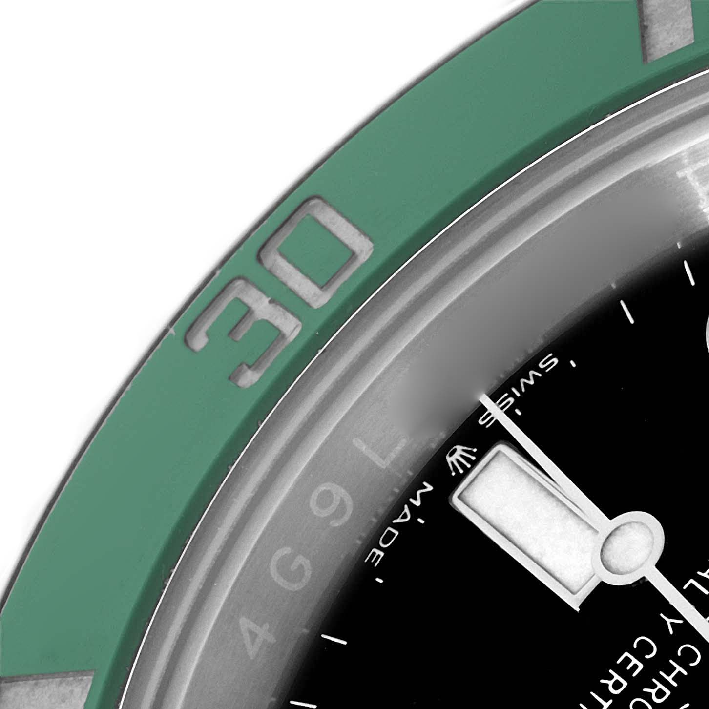 The image shows a close-up of the Rolex Submariner 126610 Men's Stainless Steel Black Dial's bezel, dial, and part of the minute hand at a slight angle.