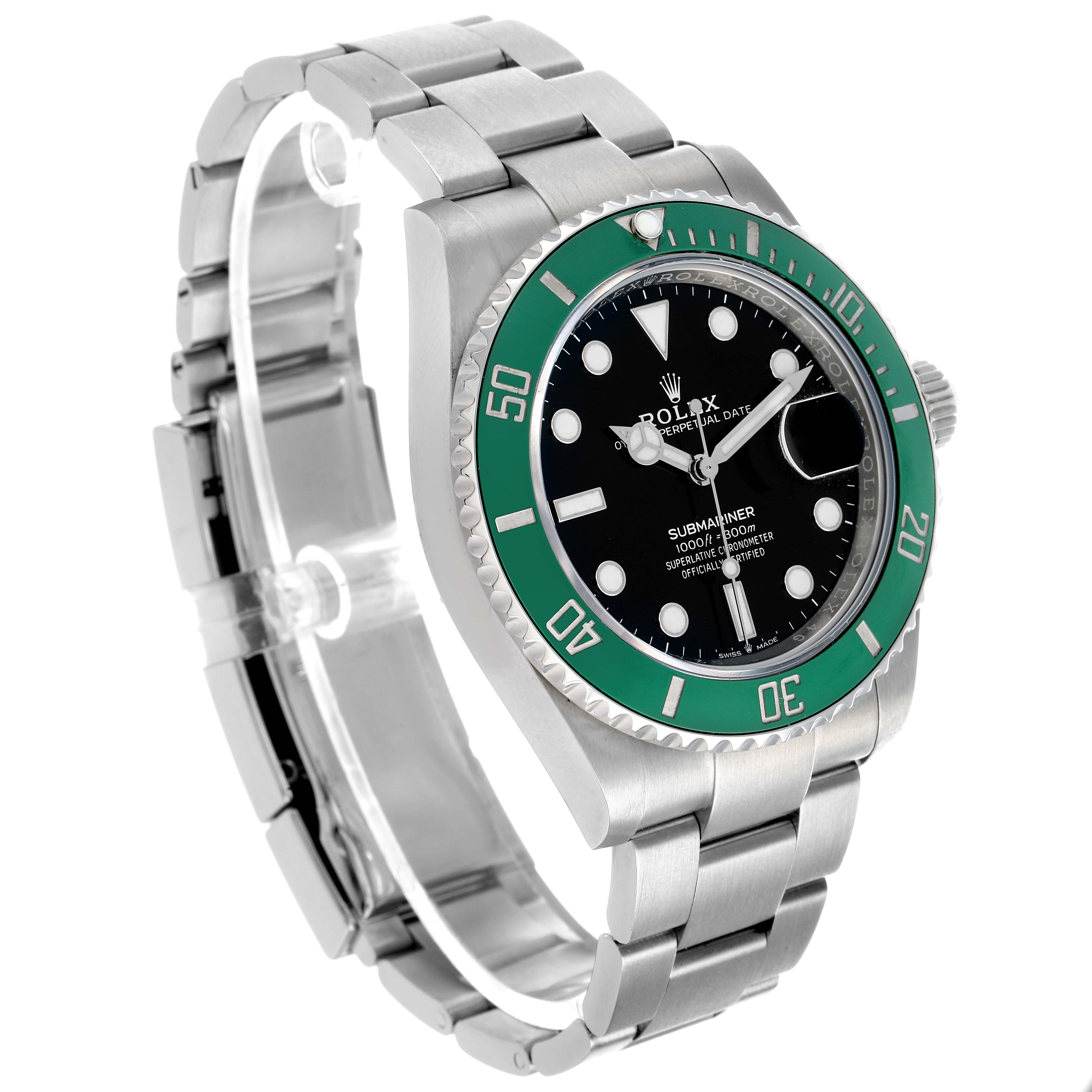 The Rolex Submariner 126610 Men's Stainless Steel Black Dial is shown at a slight left-side angle, displaying the bezel, dial, and bracelet.