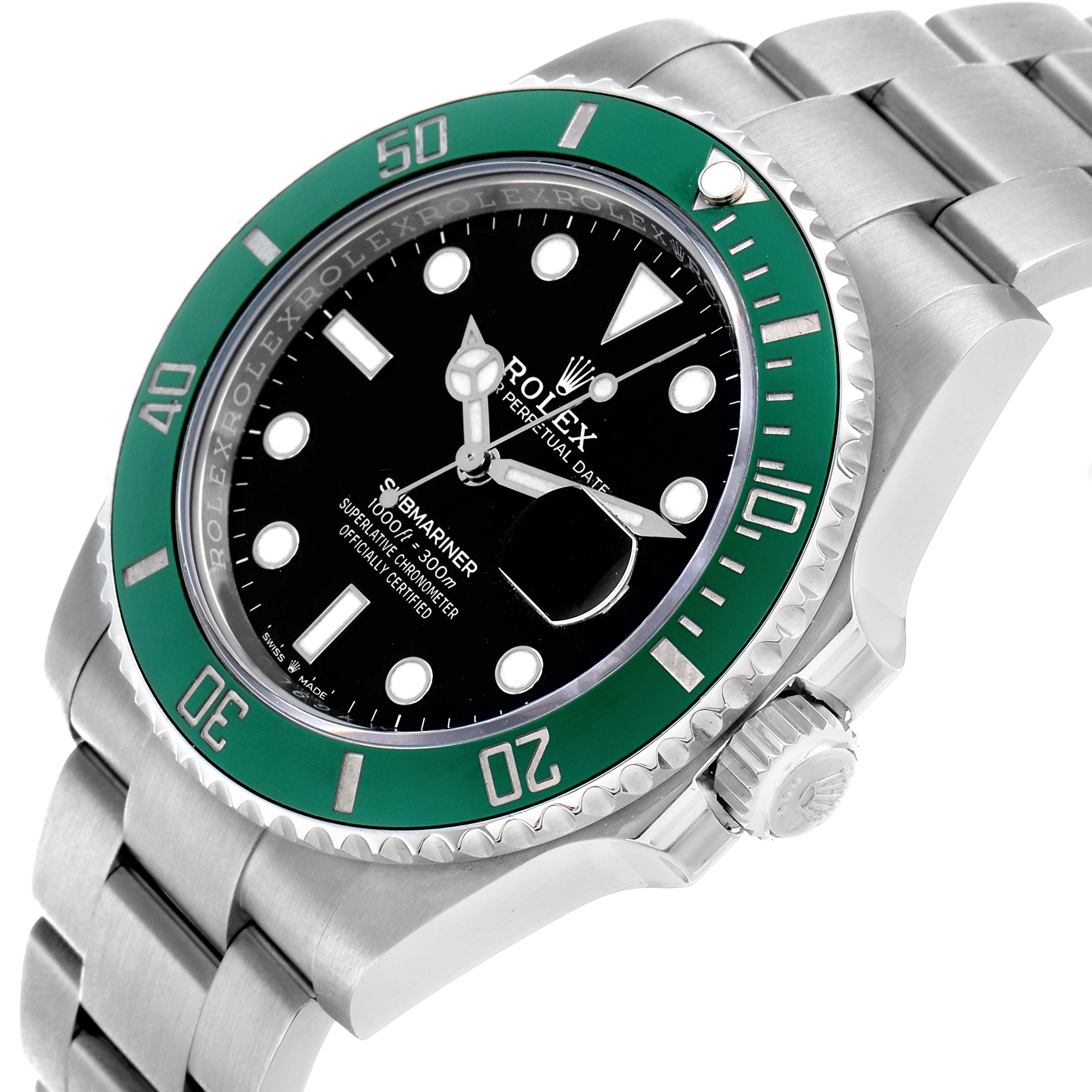 The Rolex Submariner 126610 Men's Stainless Steel Black Dial is shown at an angled view highlighting the green bezel, black dial, crown, and stainless steel bracelet.