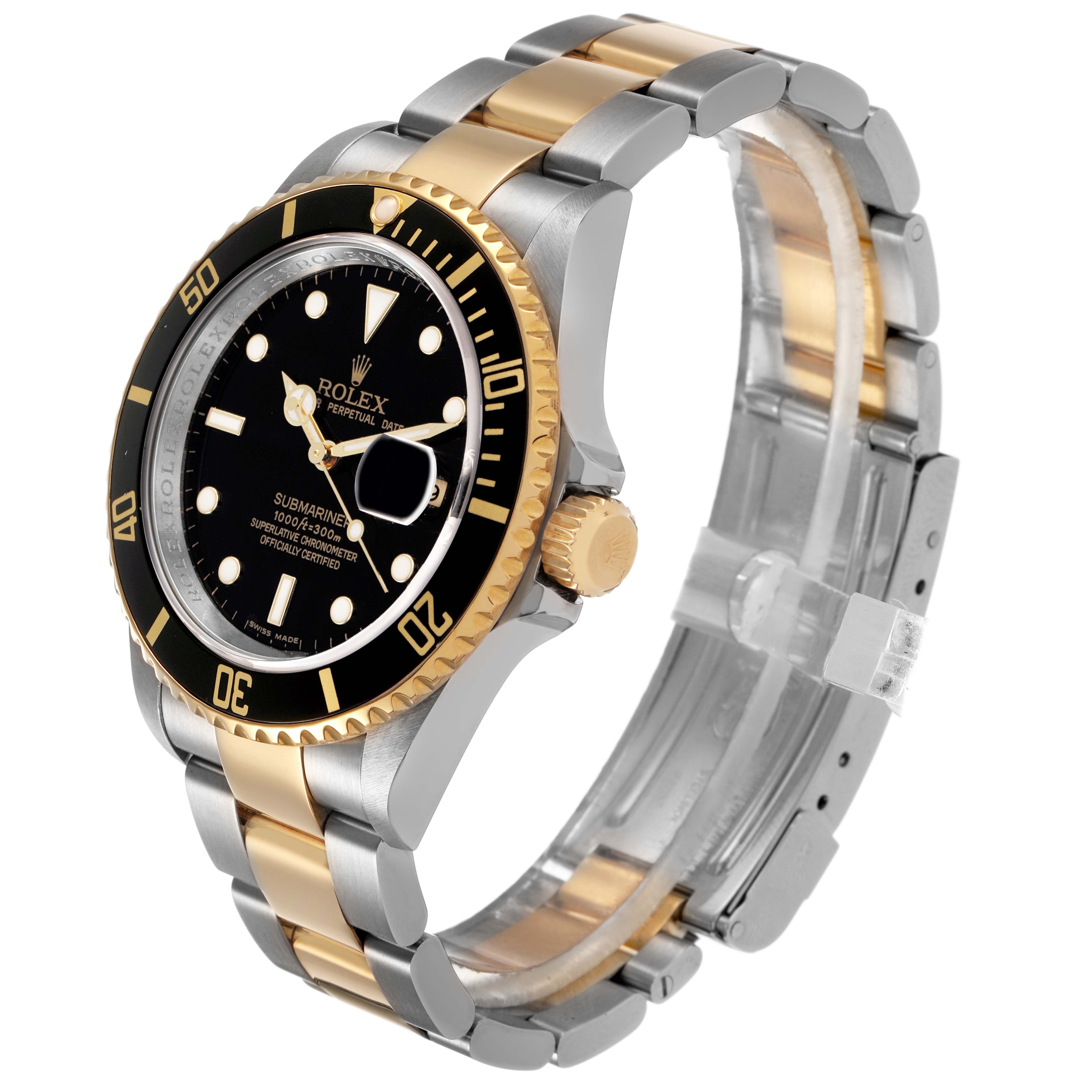 The Rolex Submariner 16613 Men's Steel and Gold (two tone) Black Dial watch is shown from a side angle highlighting the black dial, bezel, crown, and two-tone bracelet.