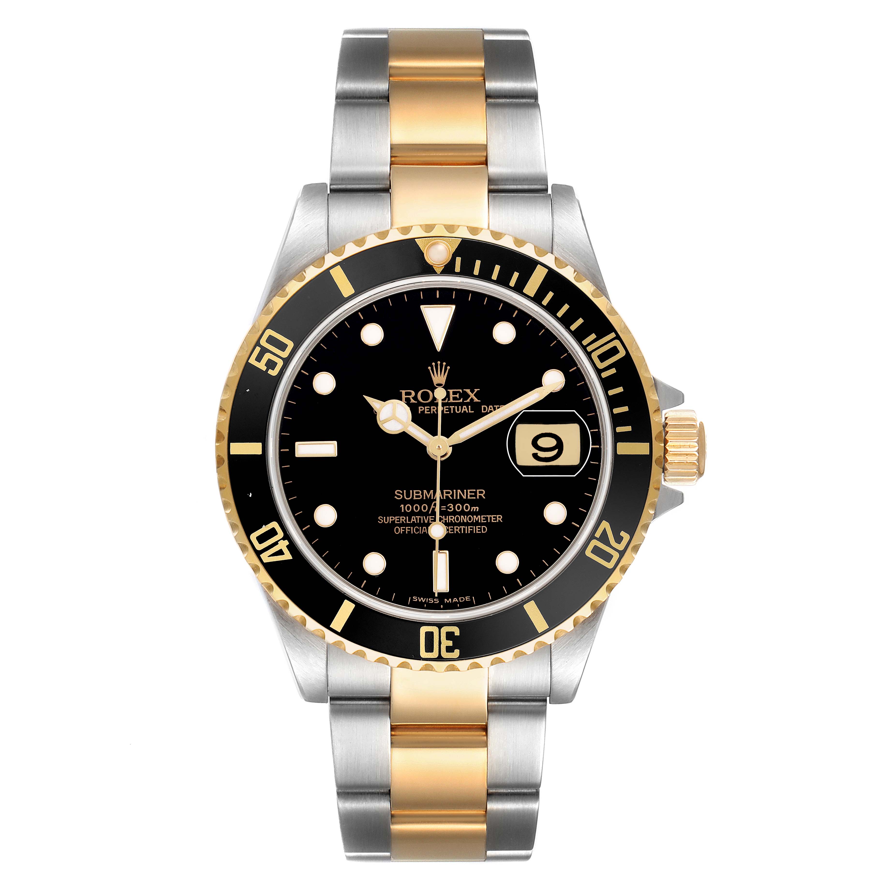 The Rolex Submariner 16613 Men's Steel and Gold (two tone) Black Dial watch is shown from a front angle, highlighting the bezel, dial, bracelet, and crown.
