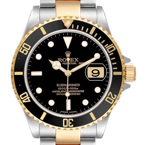 The image shows a front view of the Rolex Submariner 16613 Mens Steel and Gold (two tone) Black Dial, highlighting the bezel, dial, and date window.