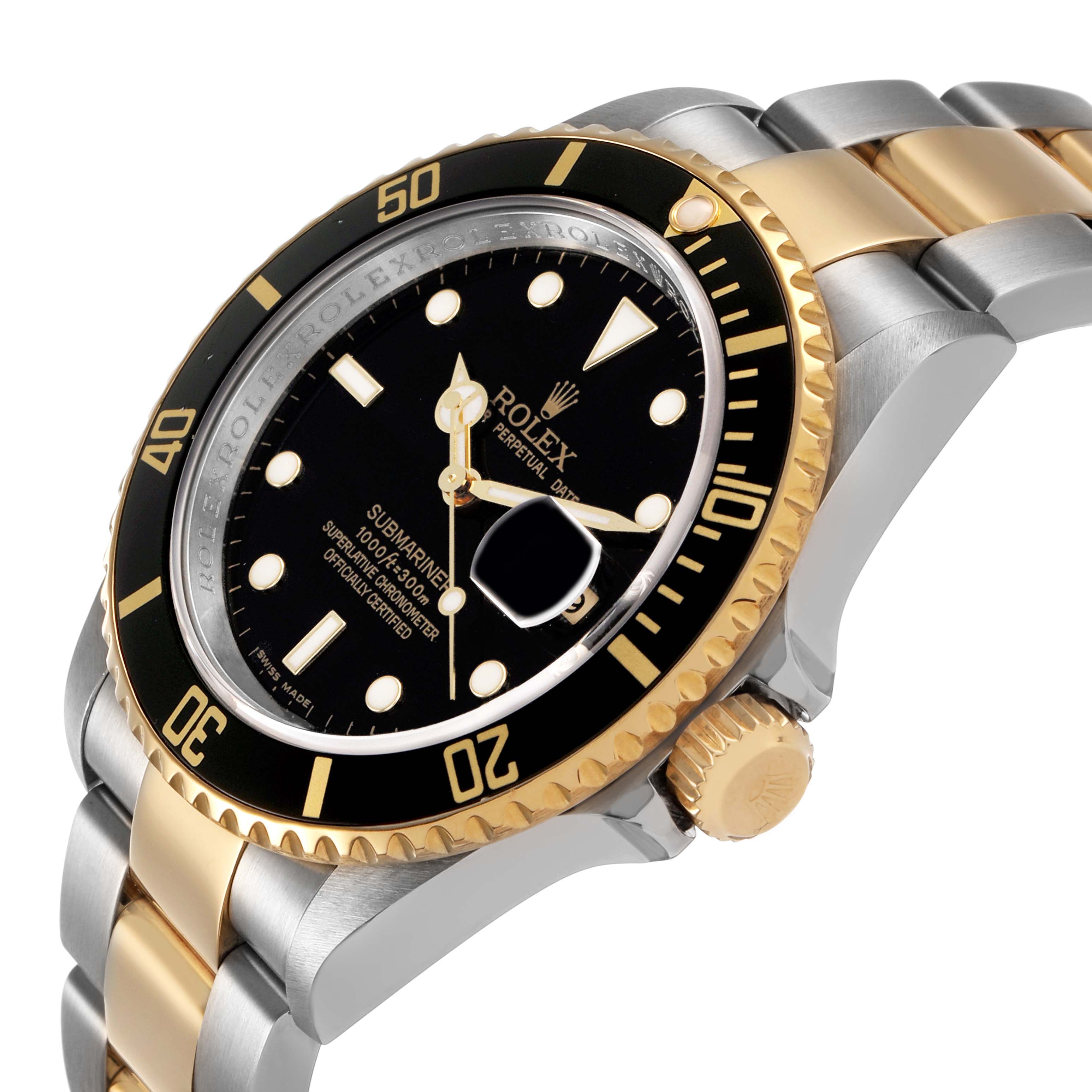 The Rolex Submariner 16613 Men's Steel and Gold (two tone) Black Dial is shown at an angled side view, highlighting the bezel, black dial, and two-tone bracelet.