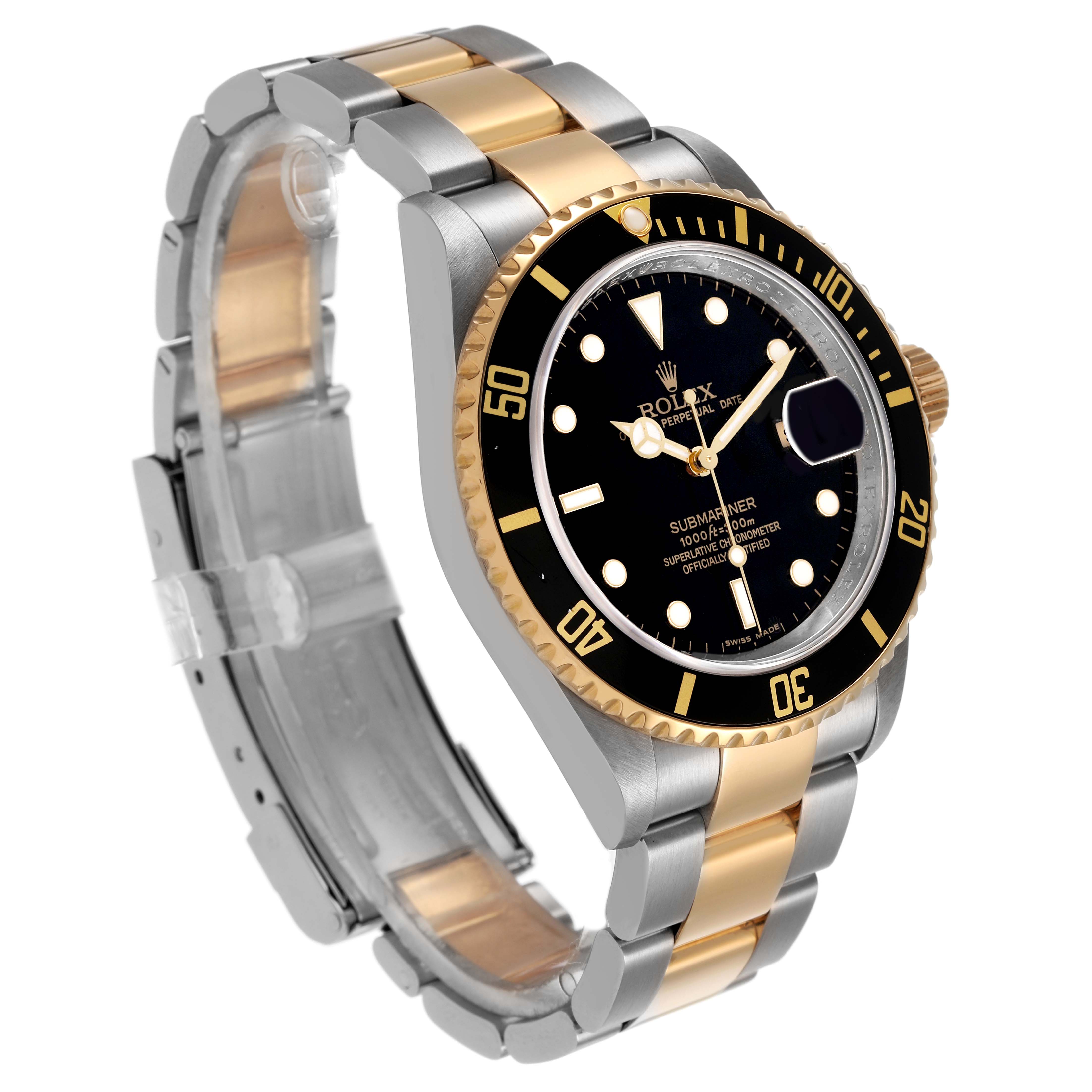 The image shows a Rolex Submariner 16613 Men's Steel and Gold (two tone) Black Dial watch at a three-quarter angle, highlighting the black bezel, dial, and two-tone bracelet.