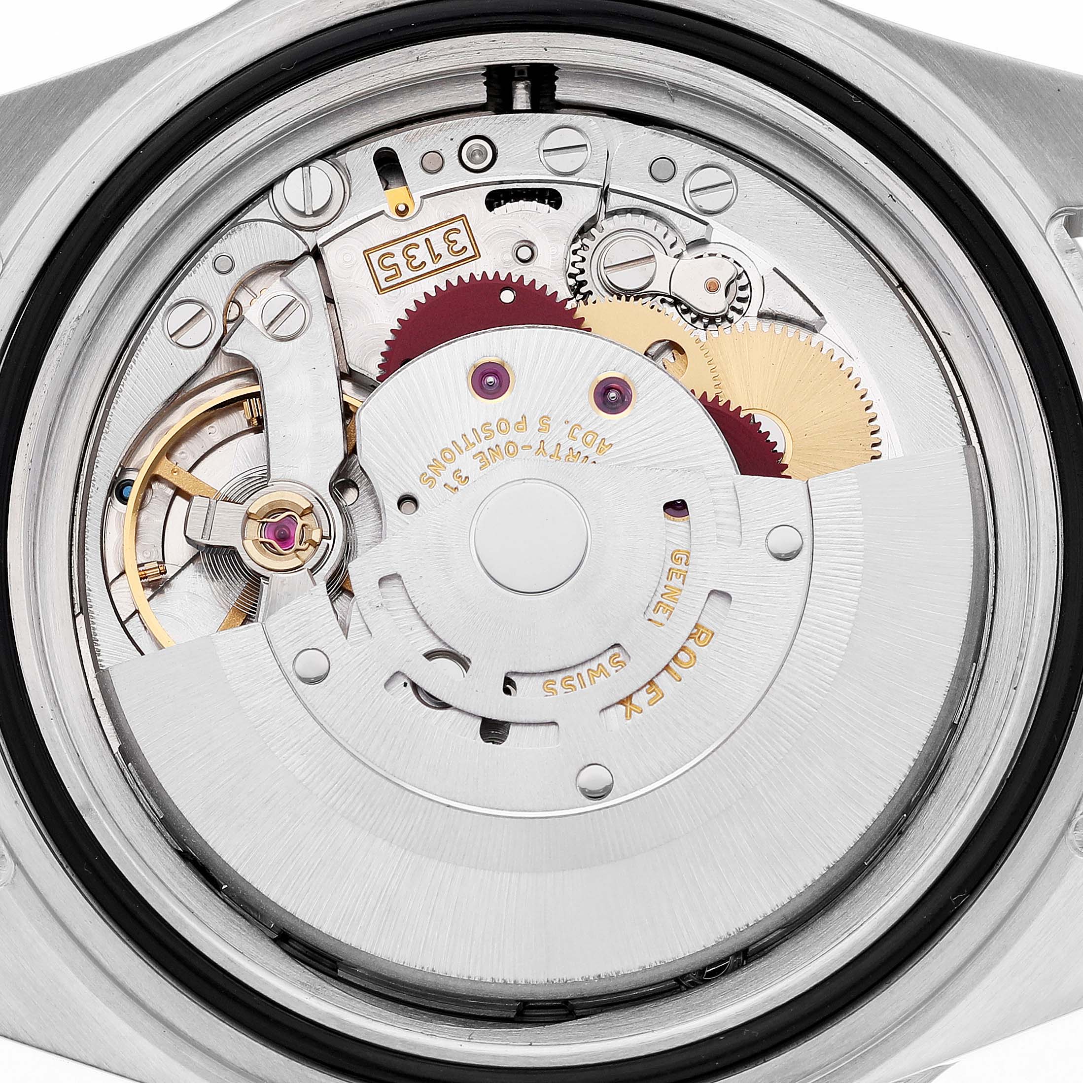 The image shows the Rolex Submariner 16613 Men's Steel and Gold (two tone) Black Dial's movement from the back, focusing on its intricate gears and mechanical parts.