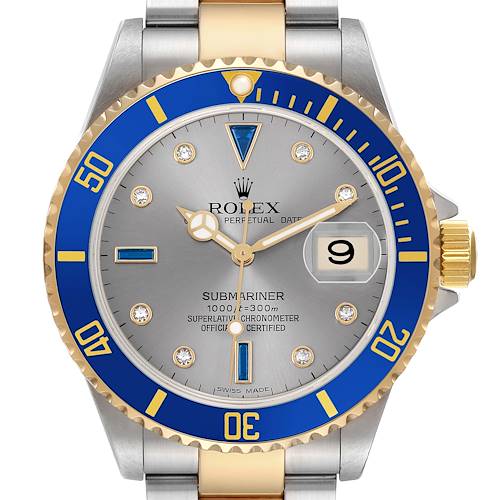 The Rolex Submariner 16613 Mens Steel and Gold (two tone) Silver Dial watch is shown from the front, featuring its bezel, dial, hands, and bracelet.