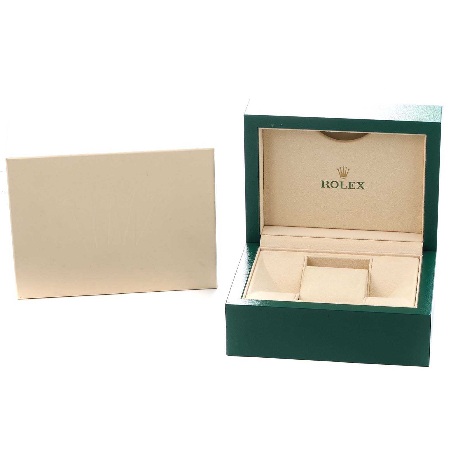 The image shows an open green Rolex box for the Submariner model, including its beige interior and outer box.