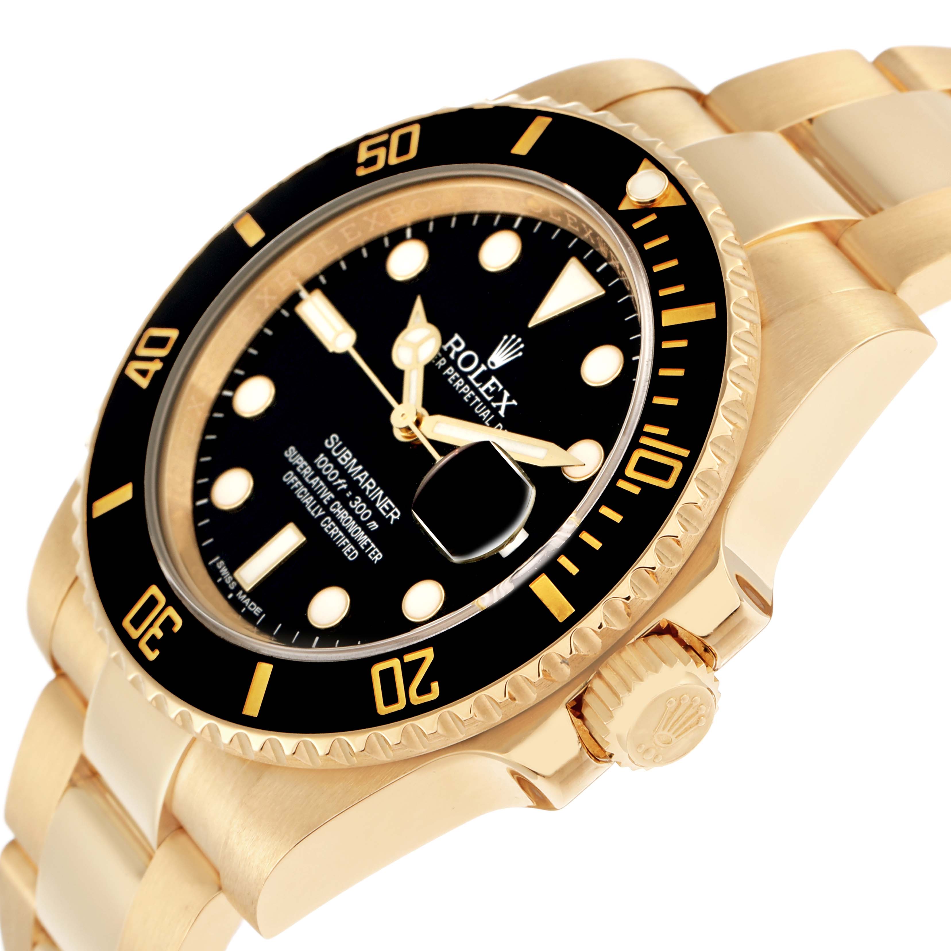 The Rolex Submariner 116618 Men's Yellow Gold Black Dial watch is shown at an angled view, highlighting the bezel, dial, crown, and bracelet.