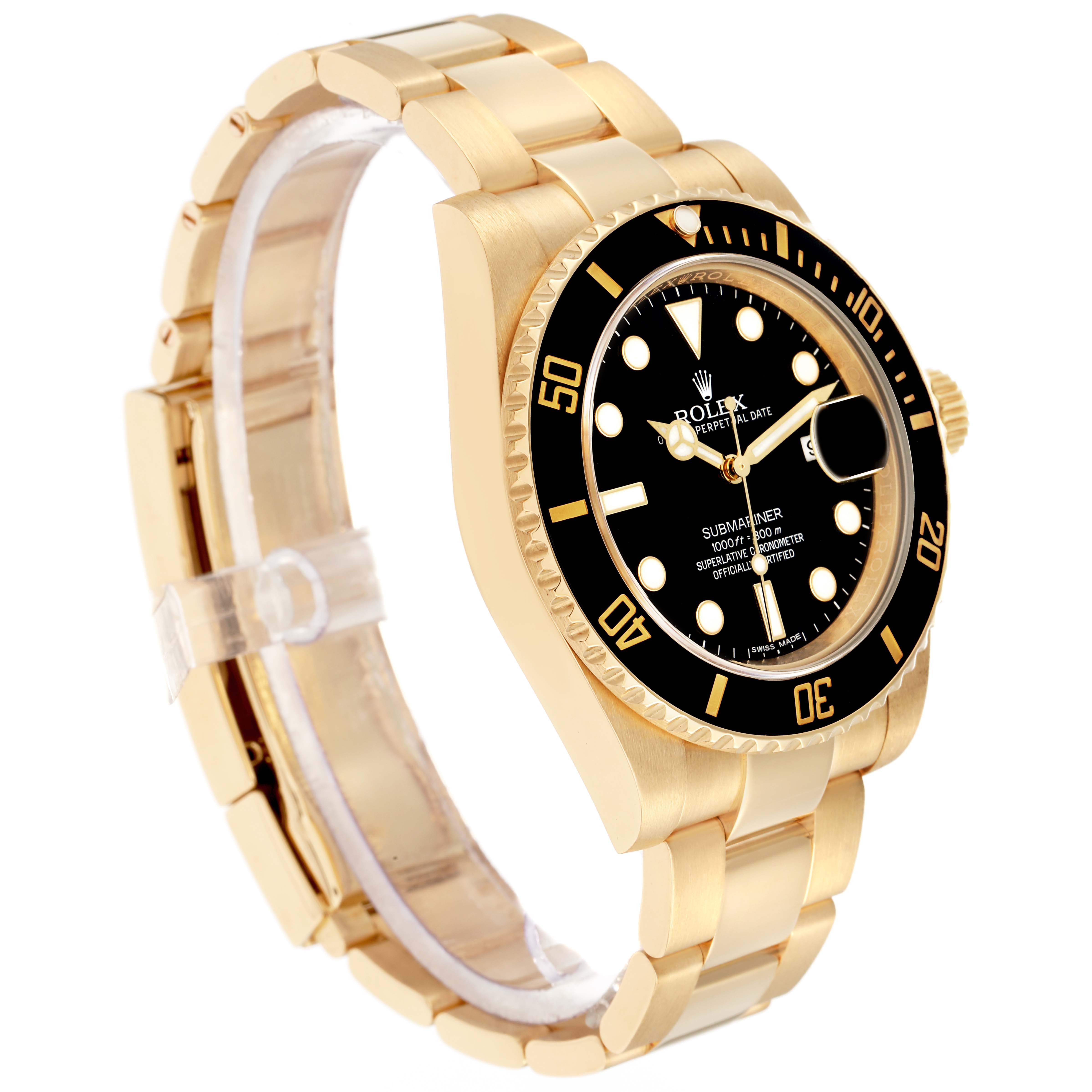The Rolex Submariner 116618 Men's Yellow Gold Black Dial watch is shown at an angled side view highlighting the bracelet, bezel, face, and crown.