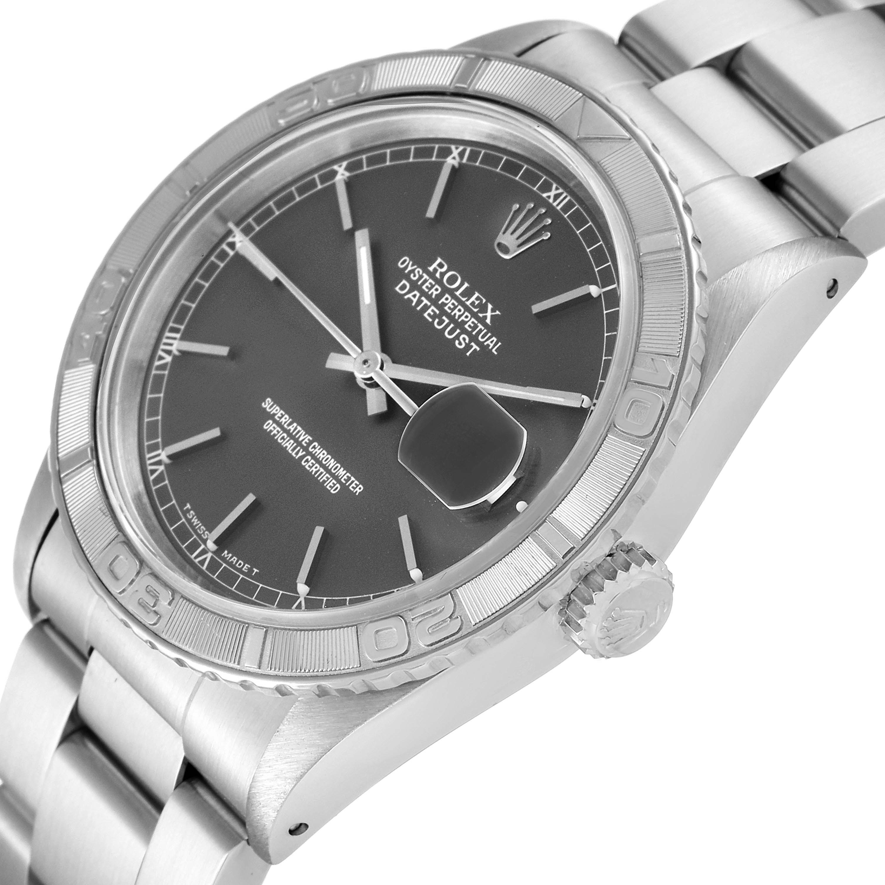 The image shows a Rolex Turn-o-Graph 16264 Men's Stainless Steel Grey Dial 16264 Men's Stainless Steel Grey Dial watch angled to display the face, bezel, and part of the bracelet.