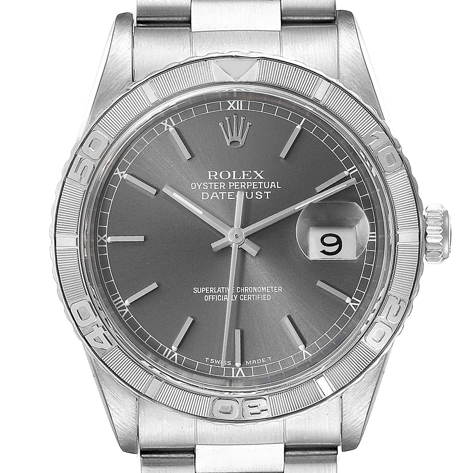 The image shows a front view of the Rolex Turn-o-Graph 16264 Men's Stainless Steel Grey Dial 16264 Men's Stainless Steel Grey Dial watch, highlighting the dial, bezel, hour markers, and date window.