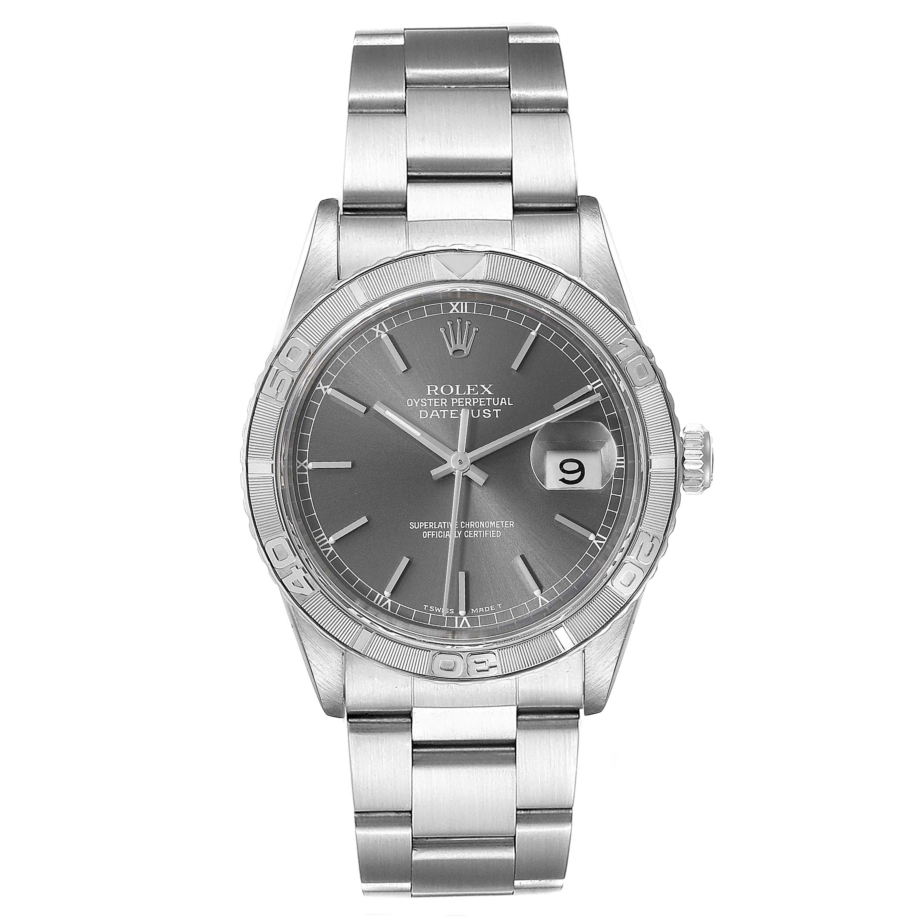 This is a straight-front view of a Rolex Turn-o-Graph 16264 Men's Stainless Steel Grey Dial 16264 Men's Stainless Steel Grey Dial watch, displaying the dial, bezel, bracelet, and clasp.