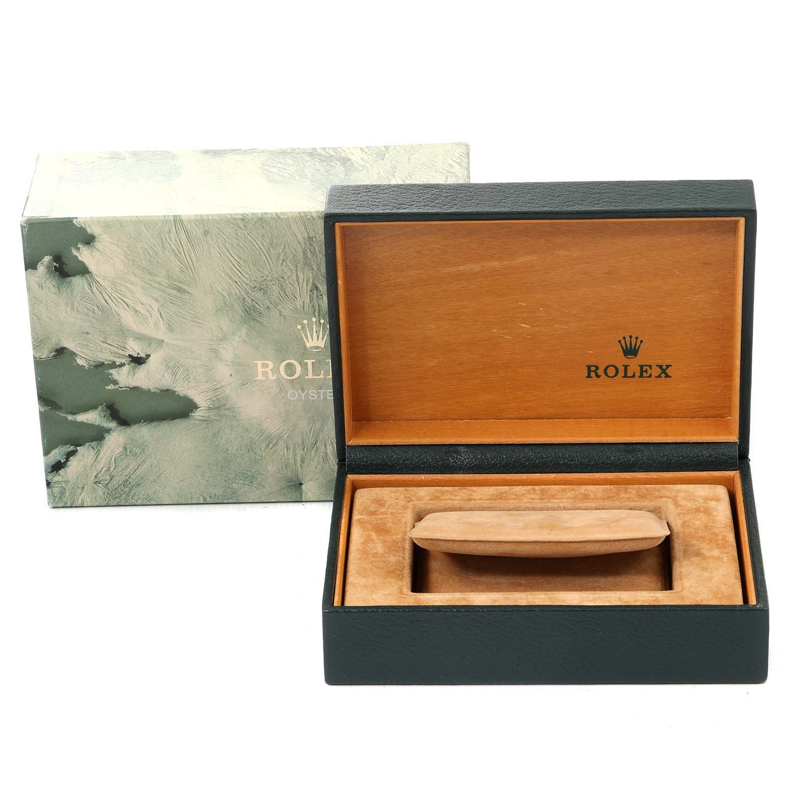 The image shows an open box and outer packaging for a Rolex Turn-o-Graph 16264 Men's Stainless Steel Grey Dial 16264 Men's Stainless Steel Grey Dial watch.