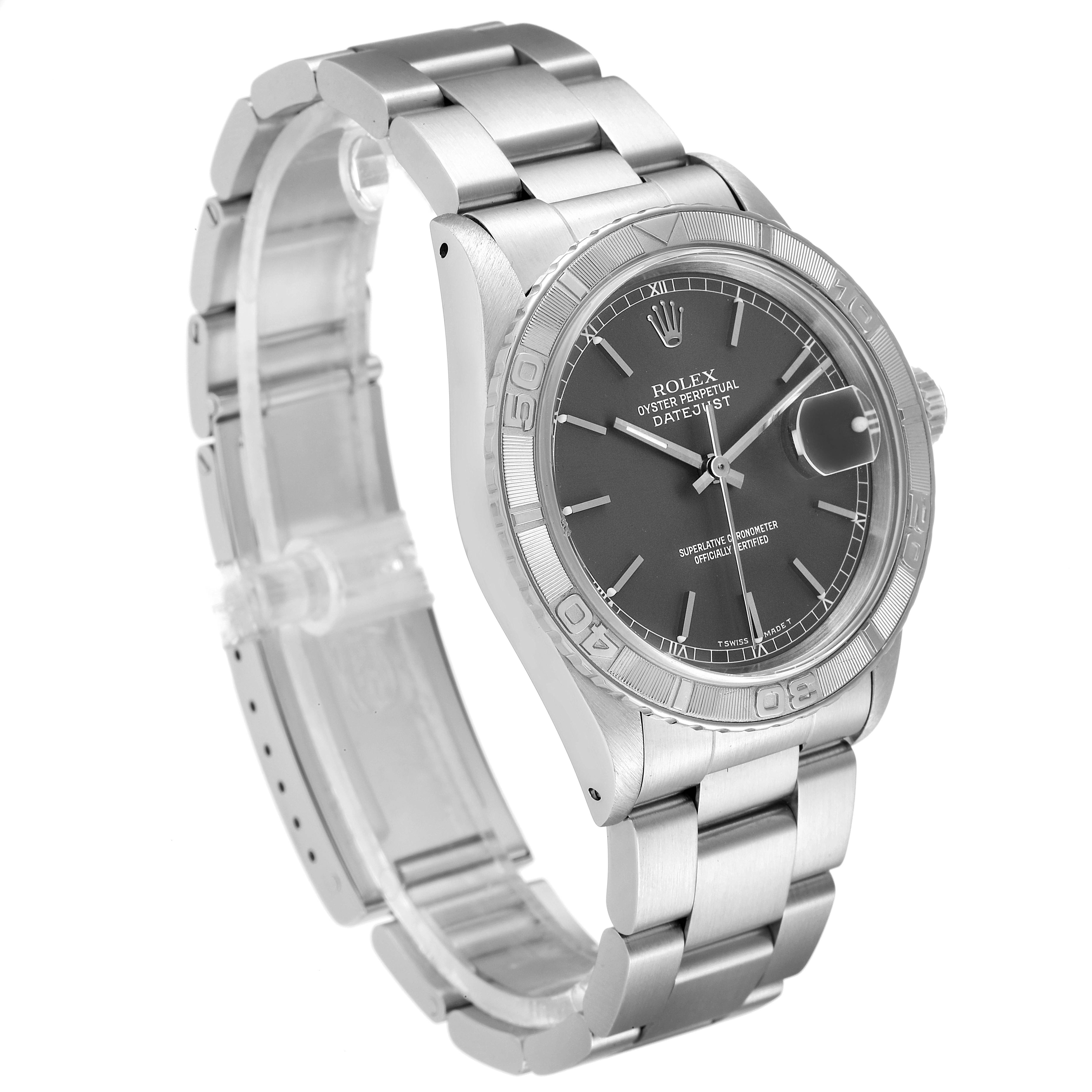 The image shows a side angle of a Rolex Turn-o-Graph 16264 Men's Stainless Steel Grey Dial 16264 Men's Stainless Steel Grey Dial watch featuring the face, bezel, and bracelet.