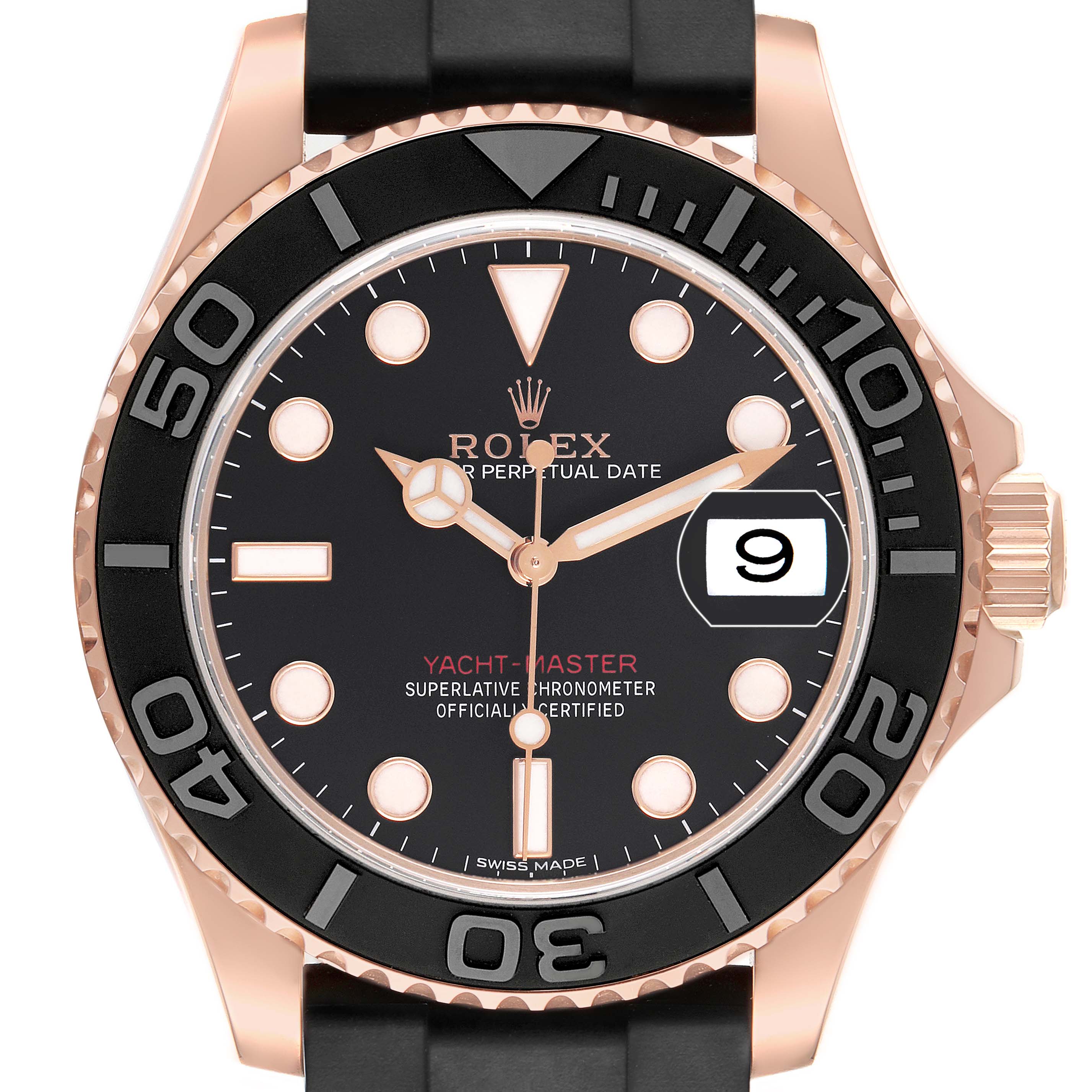 The Rolex Yacht-Master 116655 Women's Rose Gold Black Dial watch is shown from a front angle, highlighting its dial, bezel, and crown.