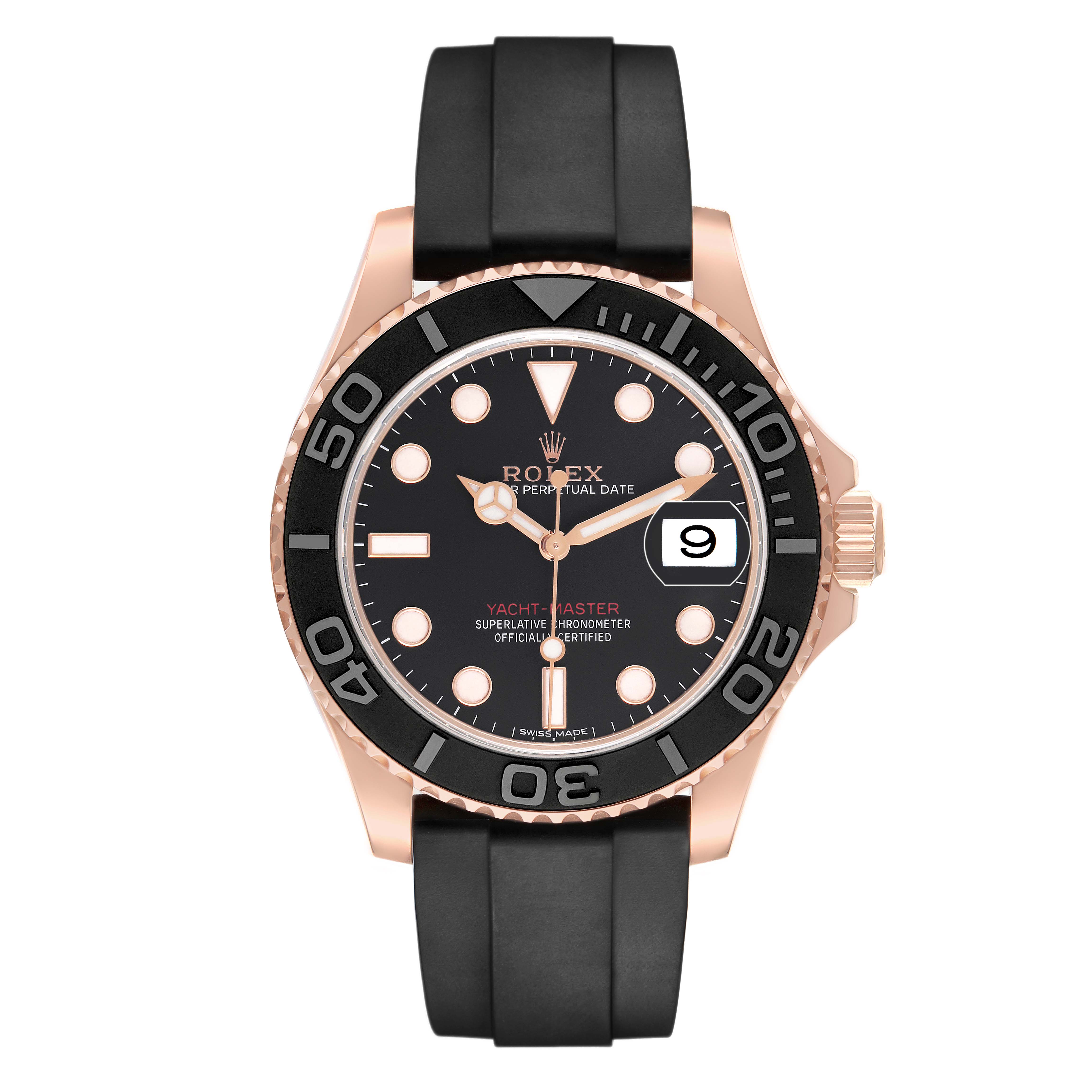 The Rolex Yacht-Master 116655 Women's Rose Gold Black Dial is shown from the front, highlighting the black dial, bezel, and Oysterflex bracelet.