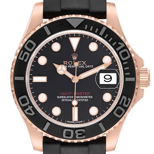The Rolex Yacht-Master 116655 Womens Rose Gold Black Dial watch is shown from the front, displaying the dial, bezel, and part of the strap.
