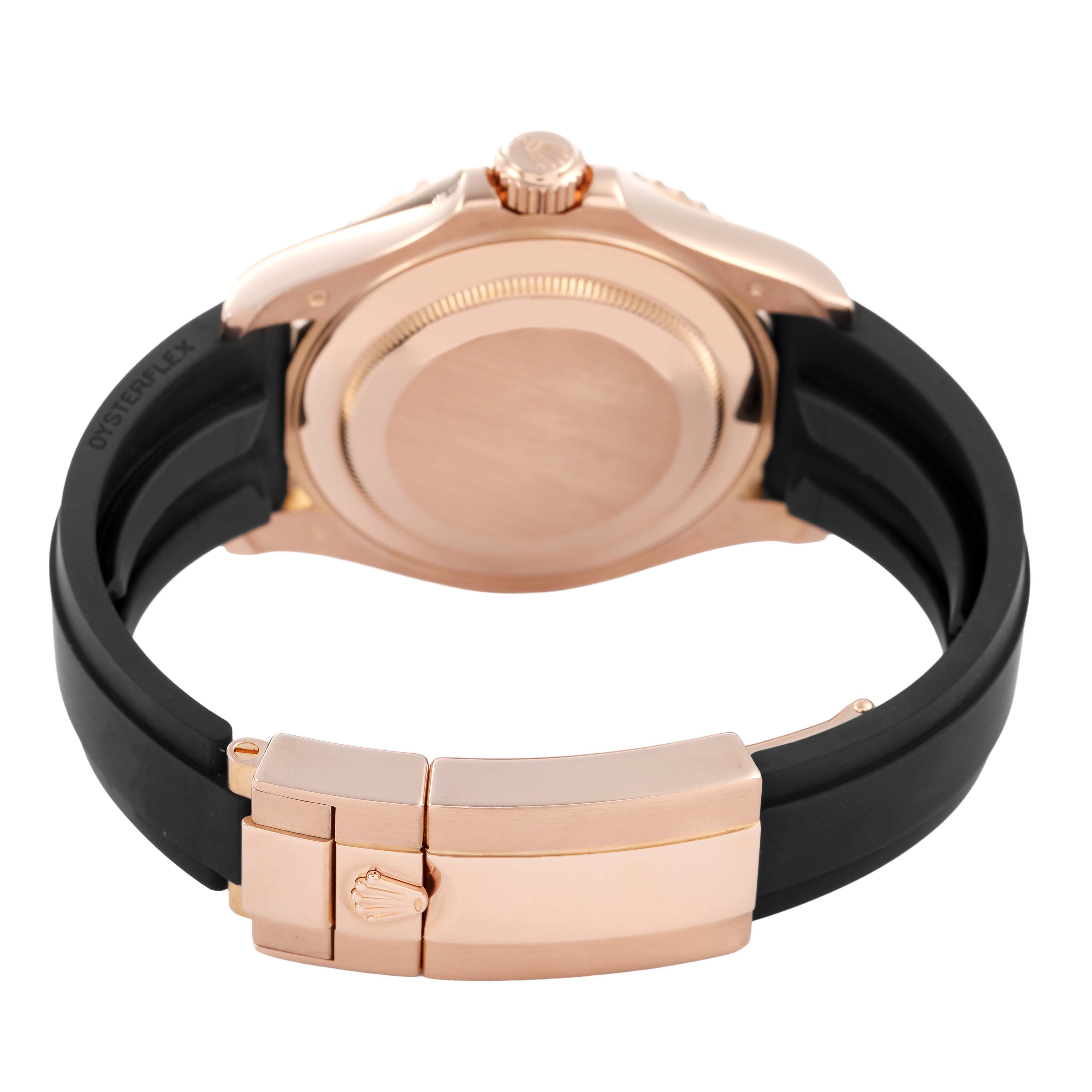 The Rolex Yacht-Master 116655 Women's Rose Gold Black Dial watch is shown from the back, highlighting the clasp, case back, and bracelet.