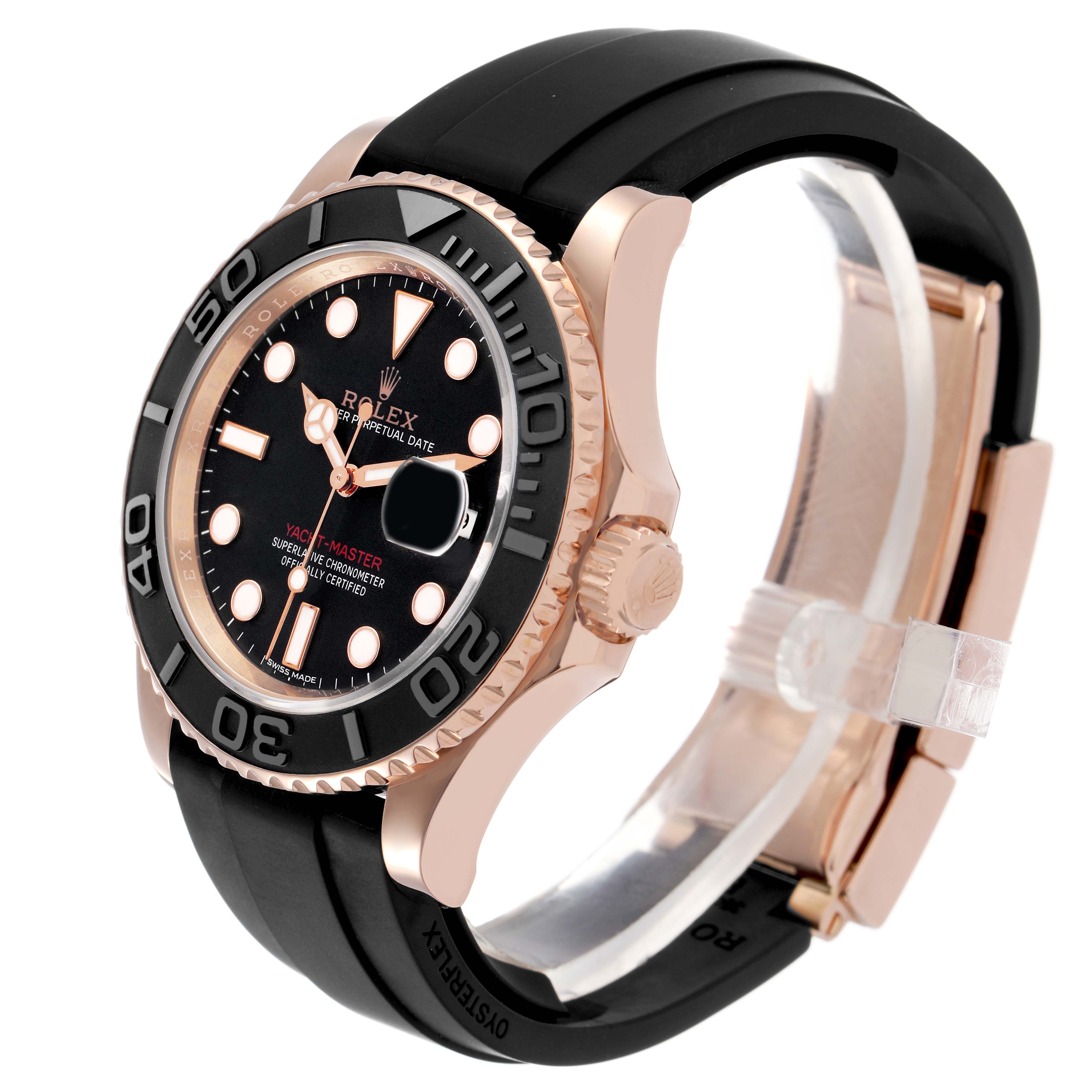 The Rolex Yacht-Master 116655 Women's Rose Gold Black Dial watch is shown from a three-quarter angle, highlighting the bezel, crown, dial, and strap.