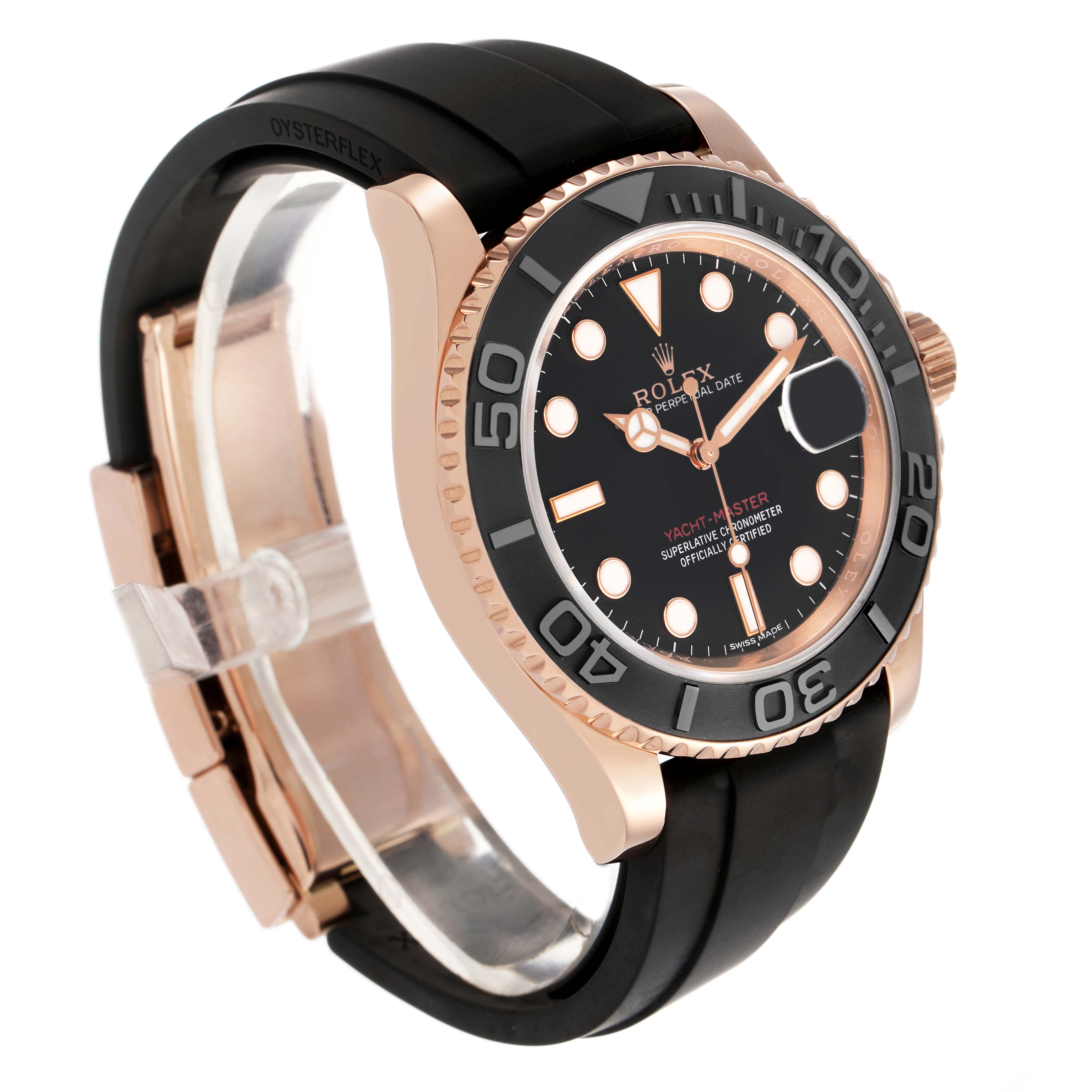 The Rolex Yacht-Master 116655 Women's Rose Gold Black Dial watch is shown at a three-quarter angle, highlighting the face, bezel, case, and rubber strap.