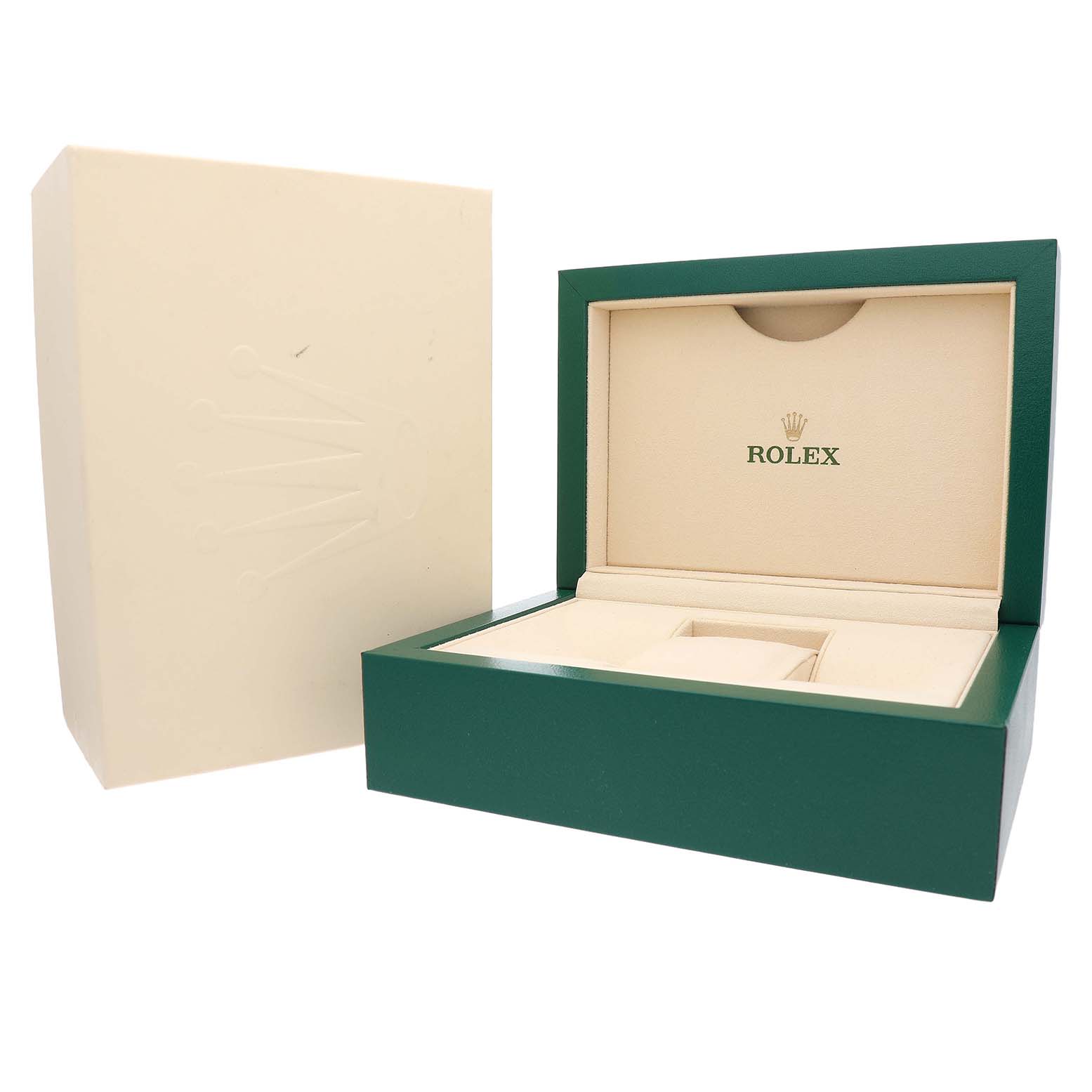 The image shows an open Rolex Yacht-Master 116655 Women's Rose Gold Black Dial watch box with its beige interior and green exterior, alongside the outer cardboard box.