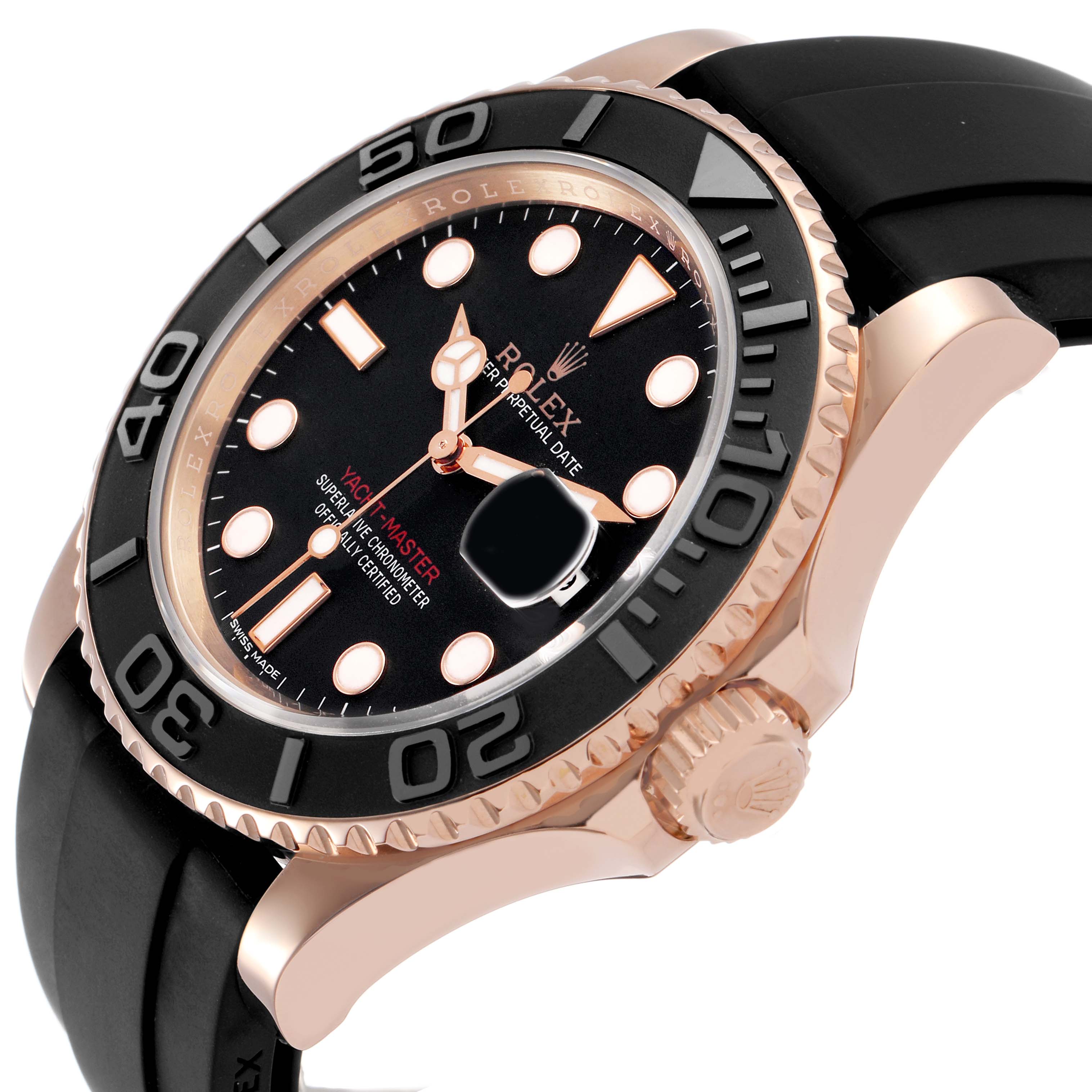 The Rolex Yacht-Master 116655 Women's Rose Gold Black Dial watch is shown at a tilted angle, highlighting the bezel, dial, and crown.