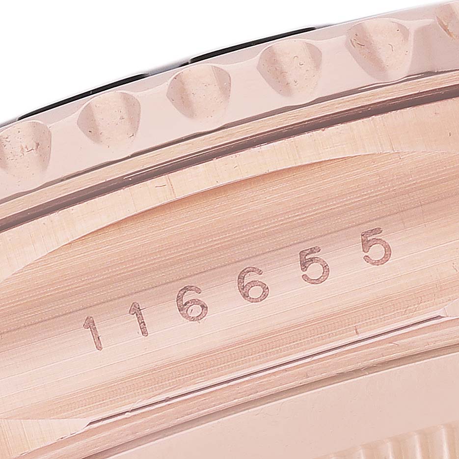 The image shows a close-up of the Rolex Yacht-Master 116655 Women's Rose Gold Black Dial, focusing on the bezel's edge and engraved model number.