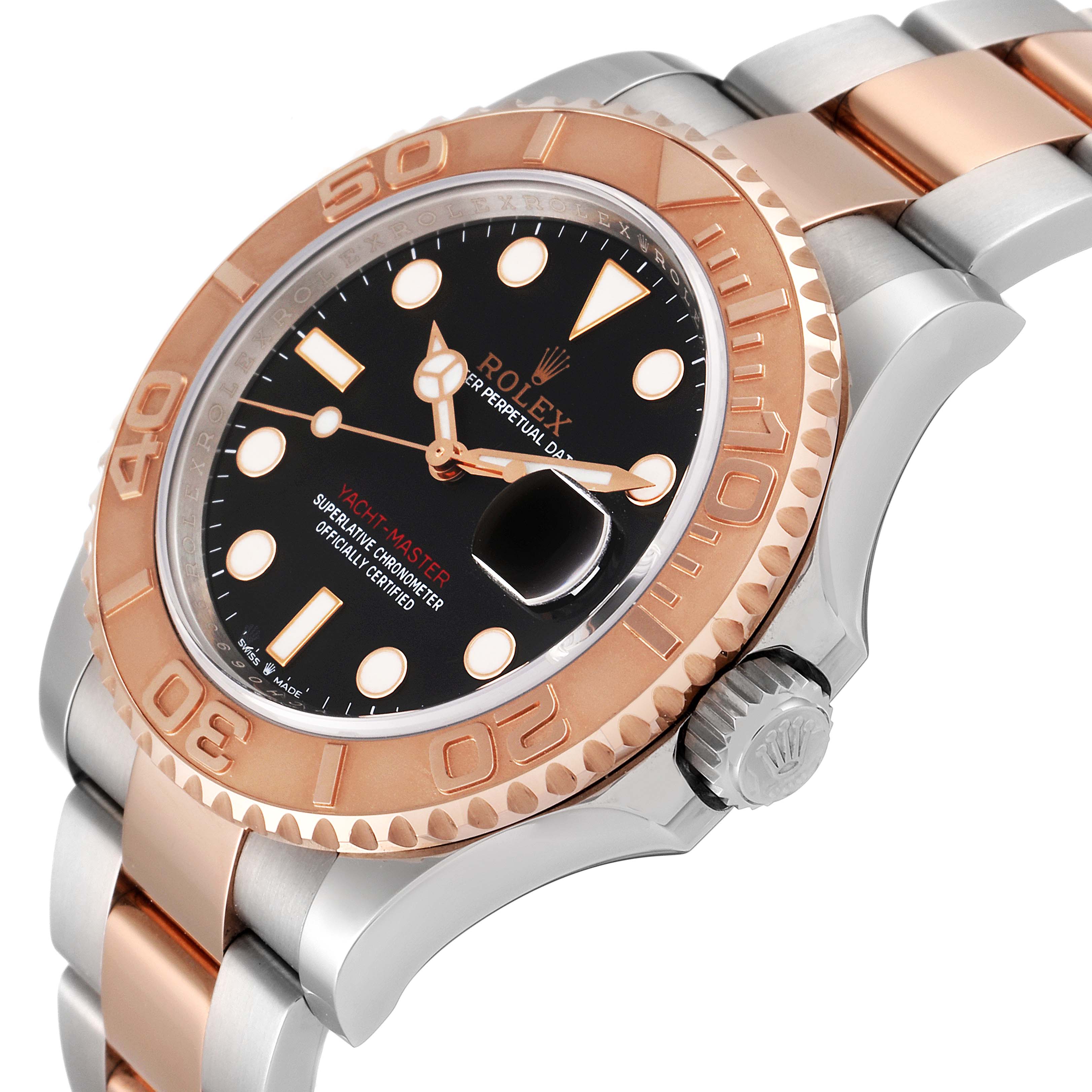 The Rolex Yacht-Master 126621 Men
s Steel and Gold (two tone) Black Dial 126621 Men
s Steel and Gold (two tone) Black Dial watch is shown at an oblique angle, highlighting its rose gold bezel, black dial, and two-tone bracelet.