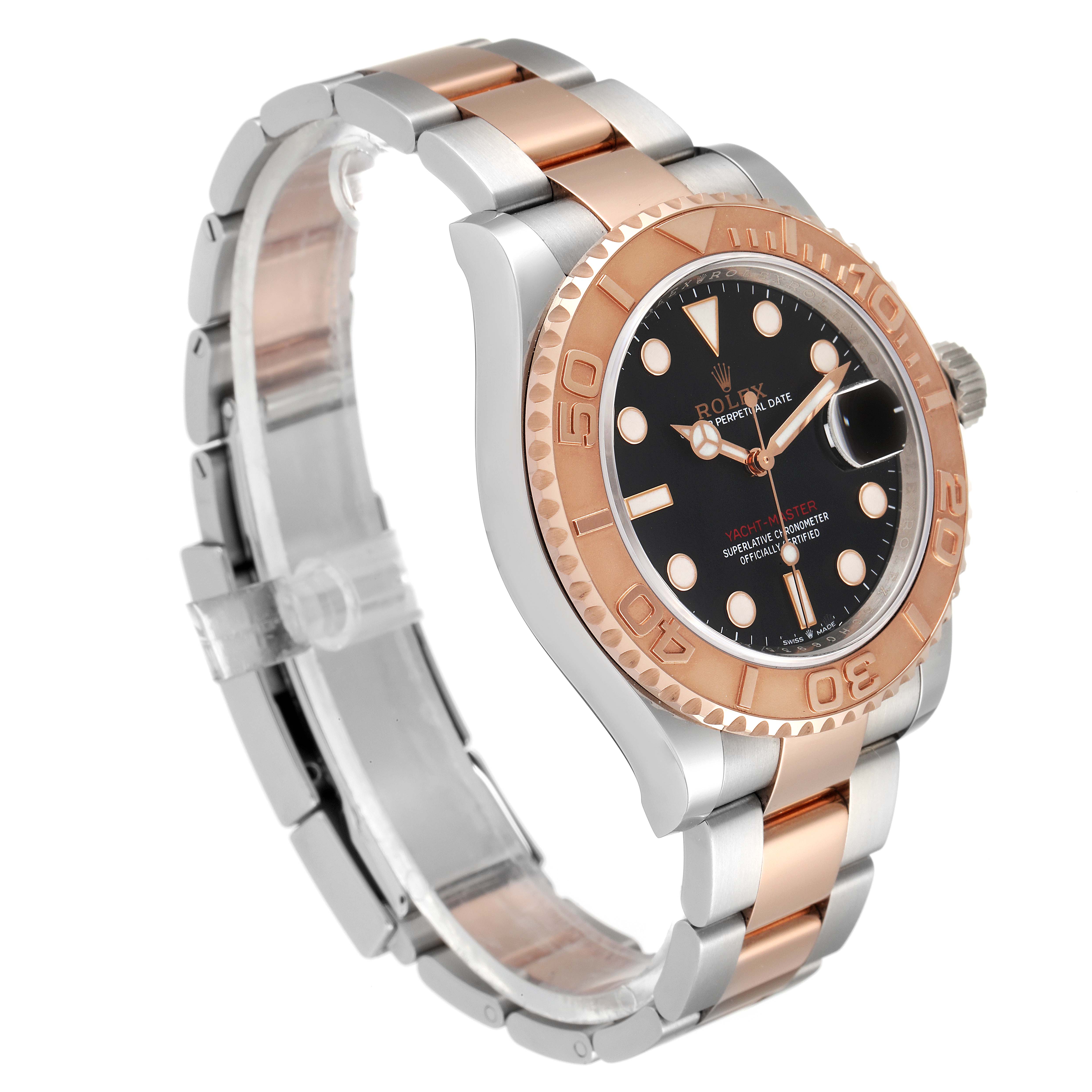 The Rolex Yacht-Master 126621 Men
s Steel and Gold (two tone) Black Dial 126621 Men
s Steel and Gold (two tone) Black Dial watch is shown at a slight side angle, highlighting the bezel, dial, crown, and two-tone bracelet.