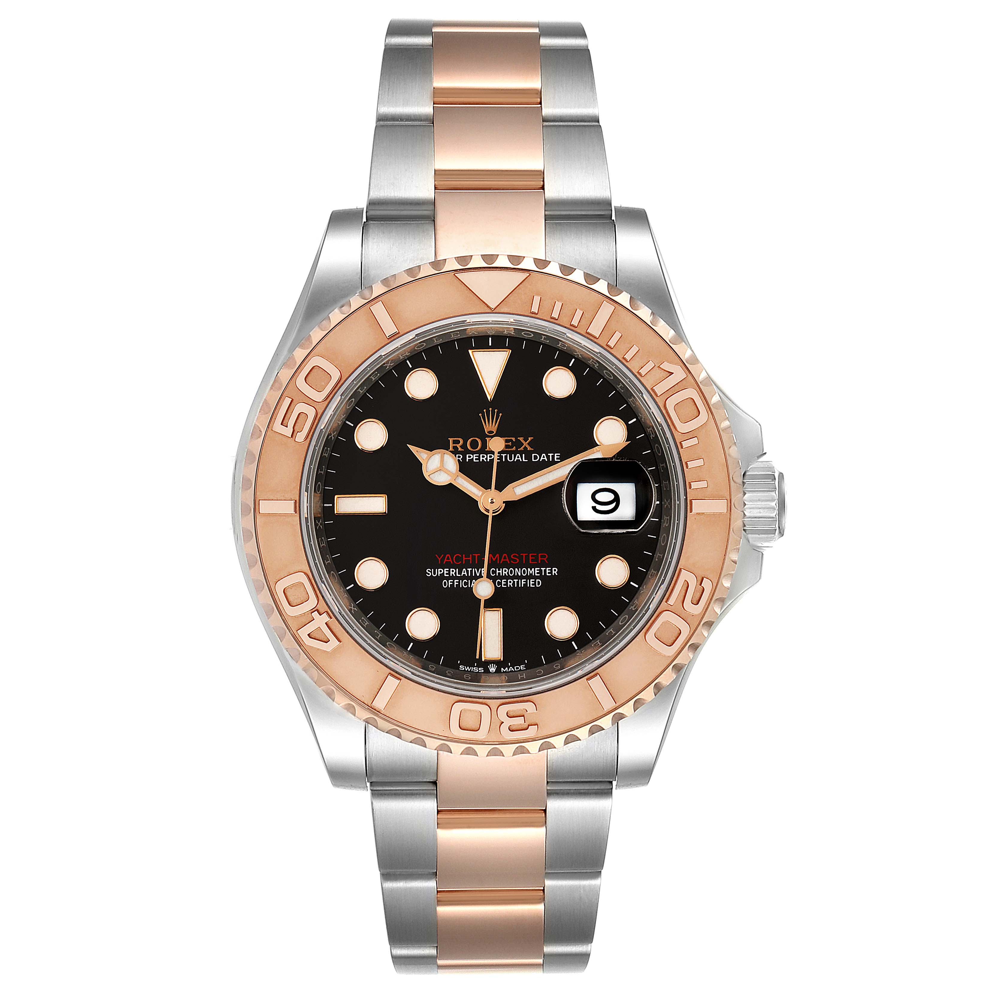 This image shows a frontal view of the Yacht-Master model by Rolex, highlighting the dial, bezel, and two-tone bracelet.