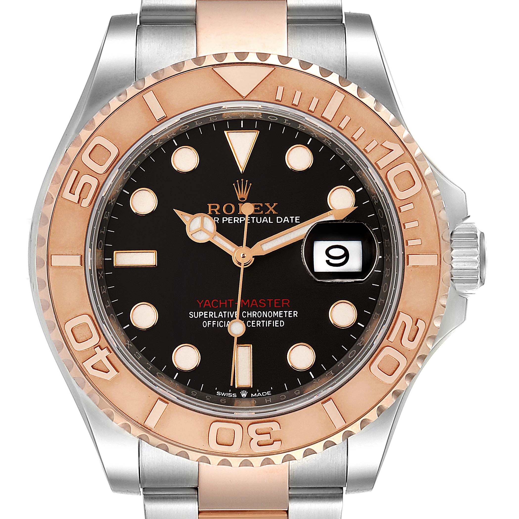 The Rolex Yacht-Master 126621 Men
s Steel and Gold (two tone) Black Dial 126621 Men
s Steel and Gold (two tone) Black Dial watch is shown from the front, highlighting the bezel, dial, hands, and date window.